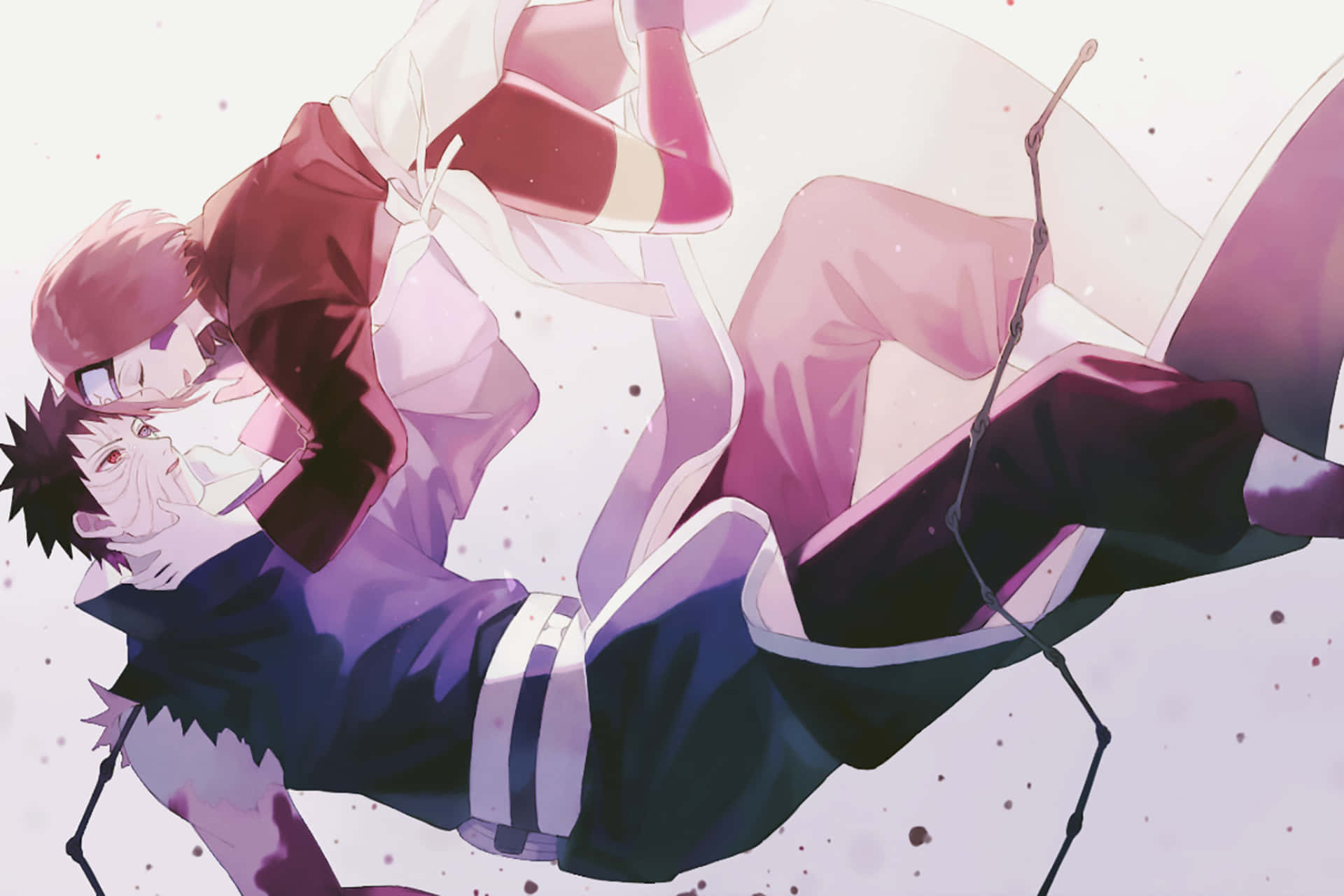迷人Rin Nohara：強大而神秘的忍者 壁紙 — 兩個動漫角色以粉紅色和紫色色調在斑點淺色背景上擺出動態戰鬥姿勢。
