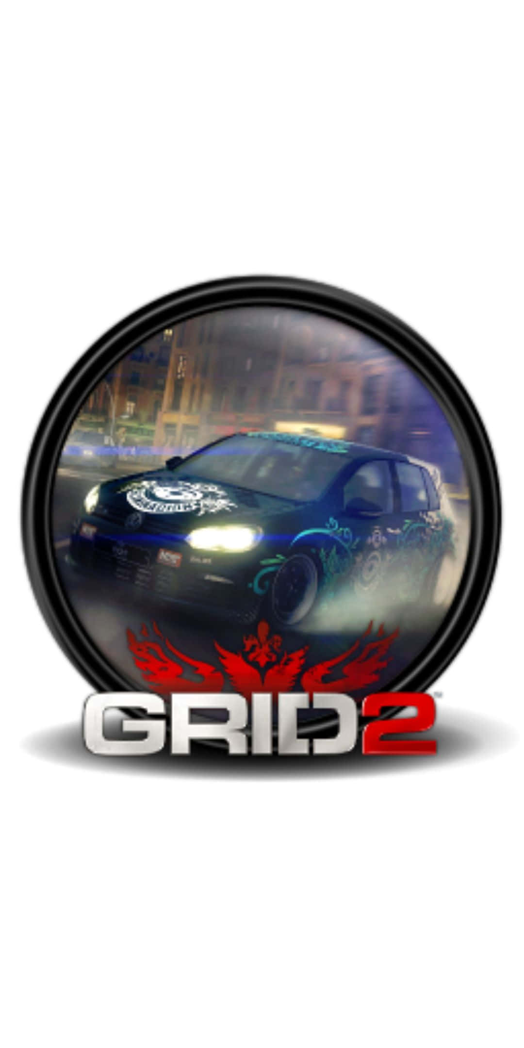 黑色賽車在GRID 2遊戲標誌內於夜間雨中飄移。