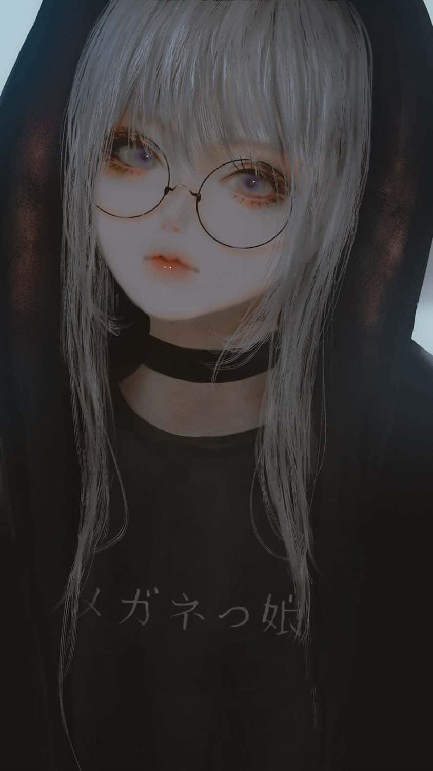 銀髮戴眼鏡的動漫女孩，身穿黑色連帽衫。