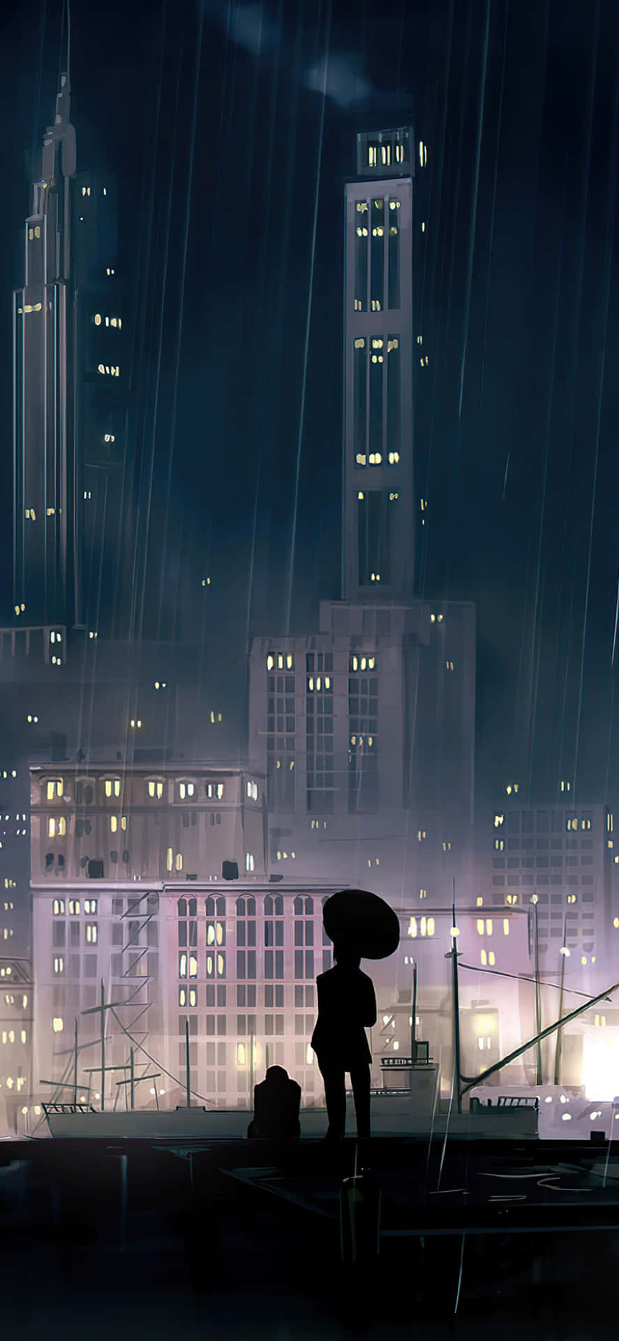夜晚雨中城市碼頭上撐傘的人的剪影。