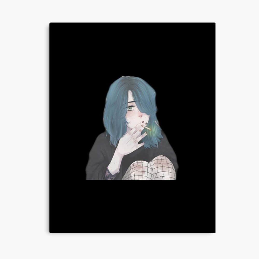 一個藍髮動漫女孩在黑色背景下抽煙。