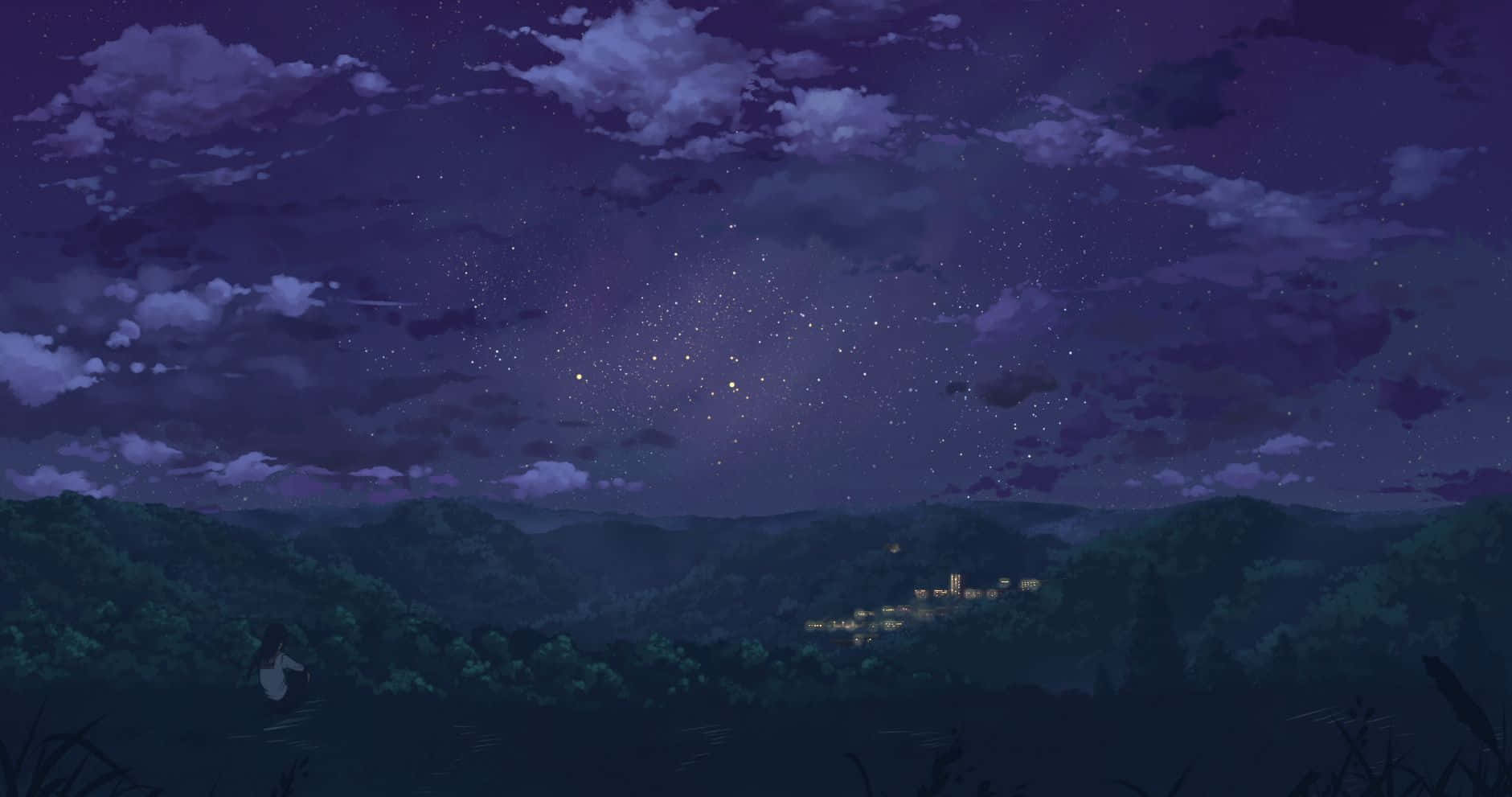 迷人夜空 壁紙 — 一個孤獨的身影凝視著星空的紫色夜空，下方是隱藏在陰影山丘中的遙遠村莊。
