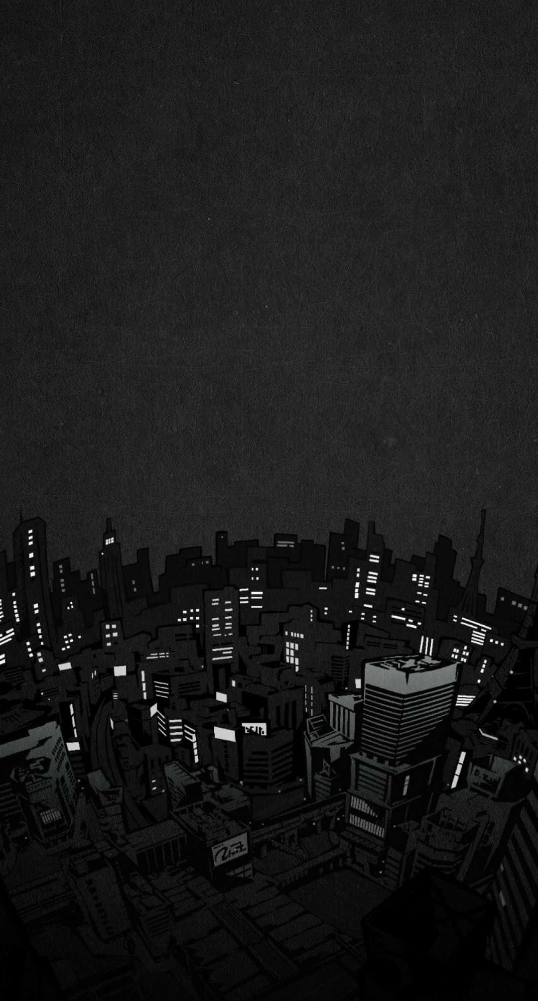 迷人夜空智慧手機壁紙 壁紙 — 一幅鮮明的黑白插圖，描繪了夜晚廣闊的城市景觀，發光的窗戶穿透黑暗。