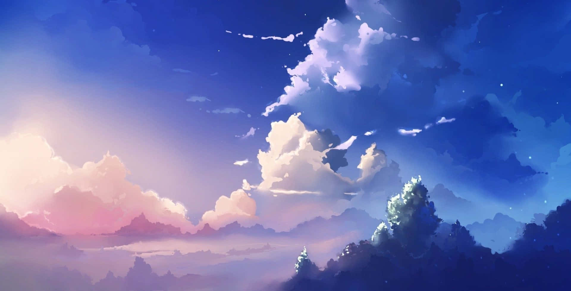 黃昏天空，粉紅色和藍色雲彩在霧濛濛的山脈和發光的樹木上。