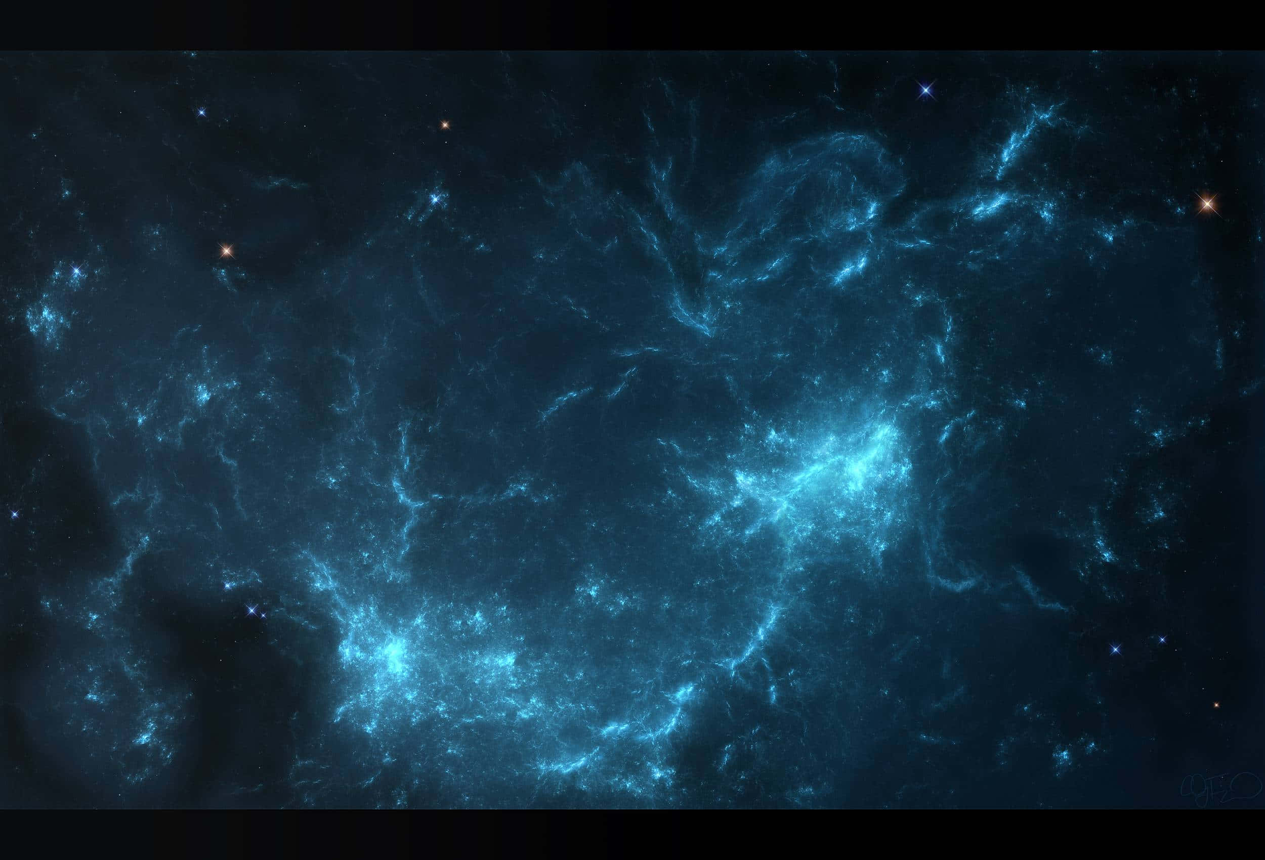 迷人宇宙：星辰之舞 壁紙 — 宇宙星雲在佈滿星星的黑色虛空中發出電光藍色的絲狀光芒。