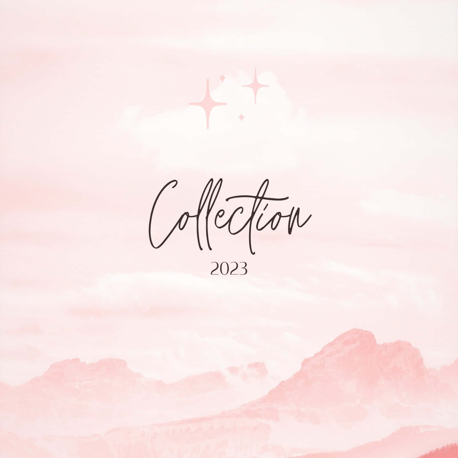 粉紅色水彩山景，帶有閃爍的星星和 Collection 2023 文字。