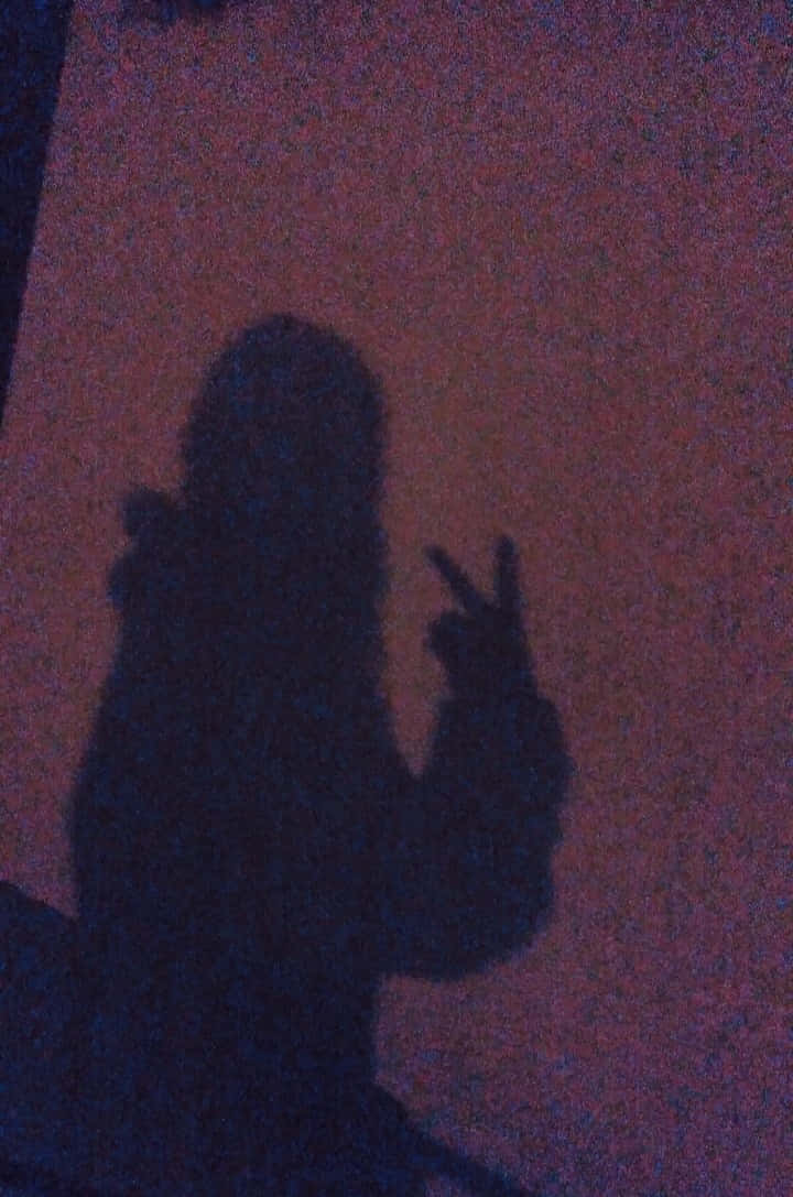 夜晚在紋理牆壁上舉起和平手勢的人的影子。