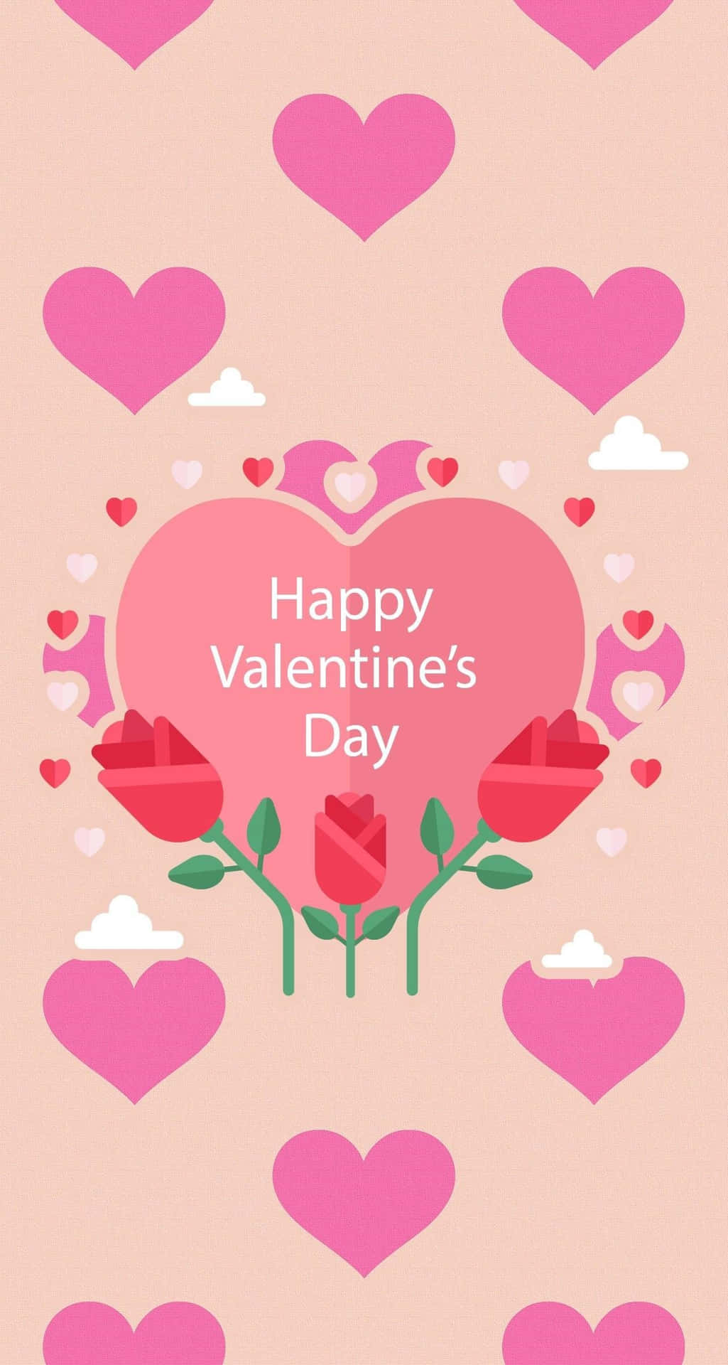 粉紅色心形和玫瑰，帶有「Happy Valentine's Day」文字。