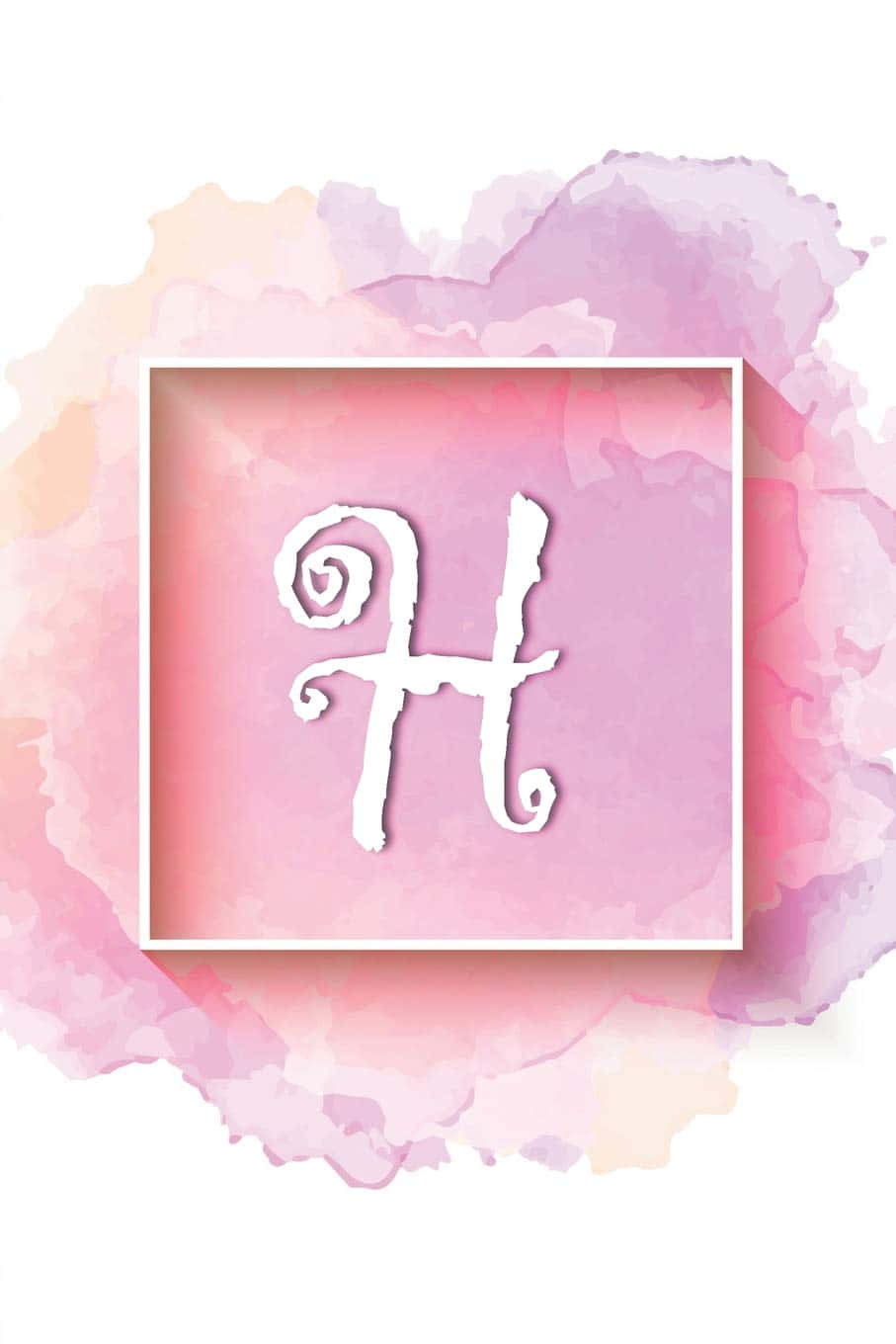 一個白色華麗字母H在方形框架內，置於粉紅和紫色水彩背景上。
