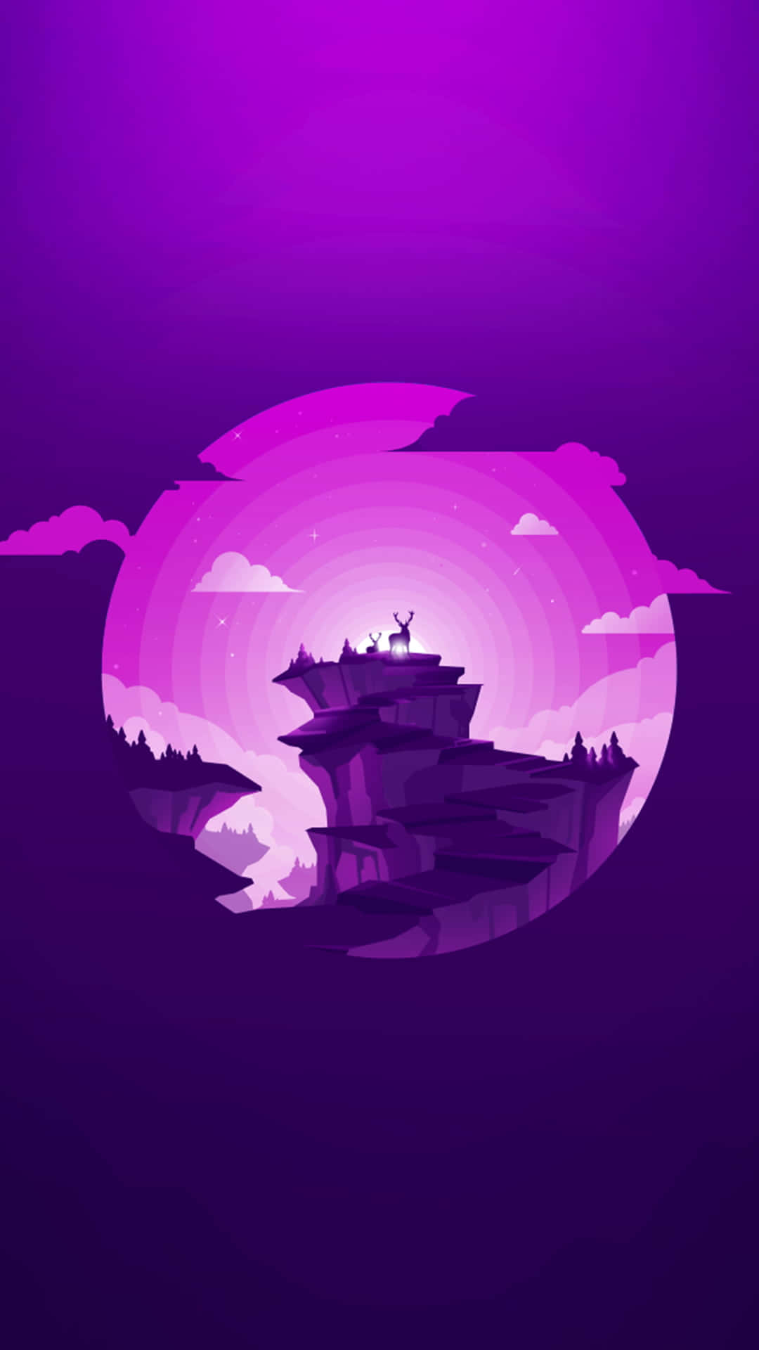 暮色中，一頭鹿站在發光紫色傳送門內的懸崖上。