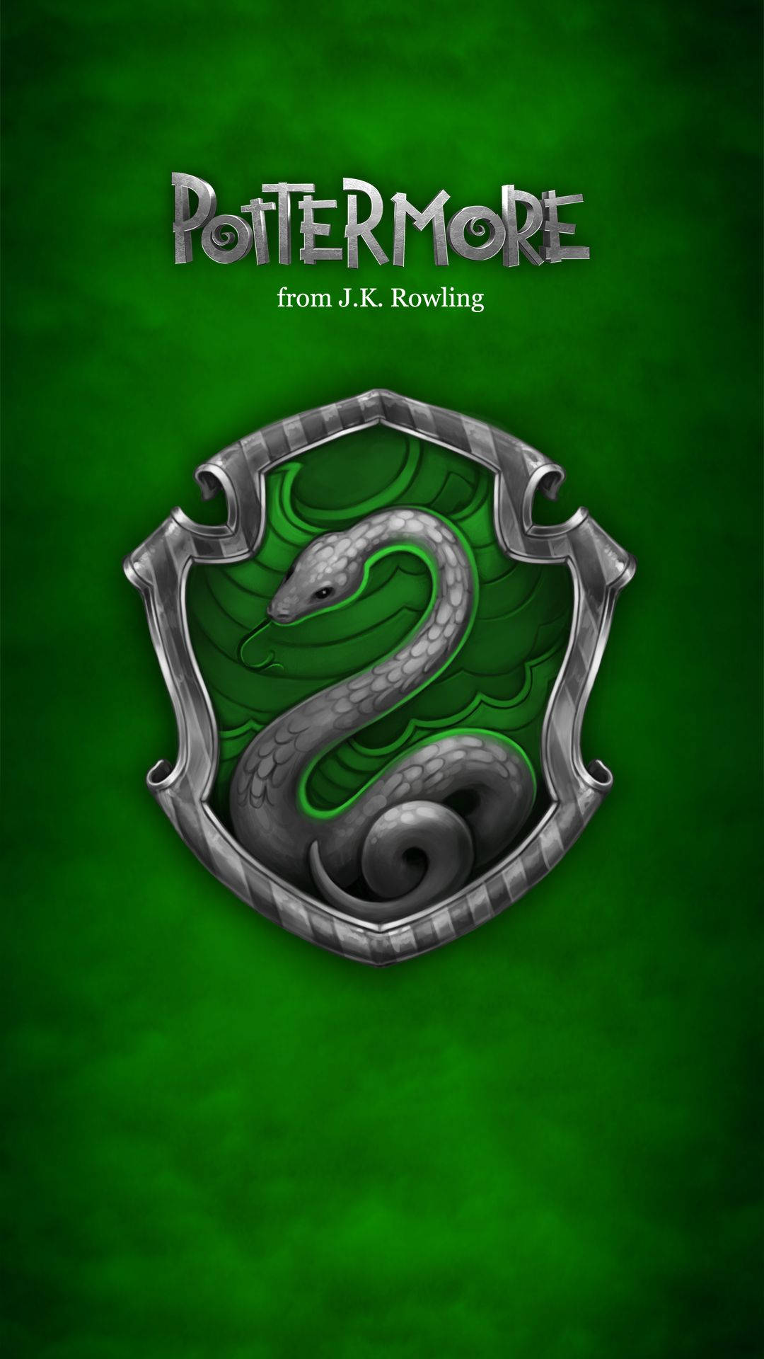Pottermore 標誌，綠色背景上盾牌內有一條銀蛇。
