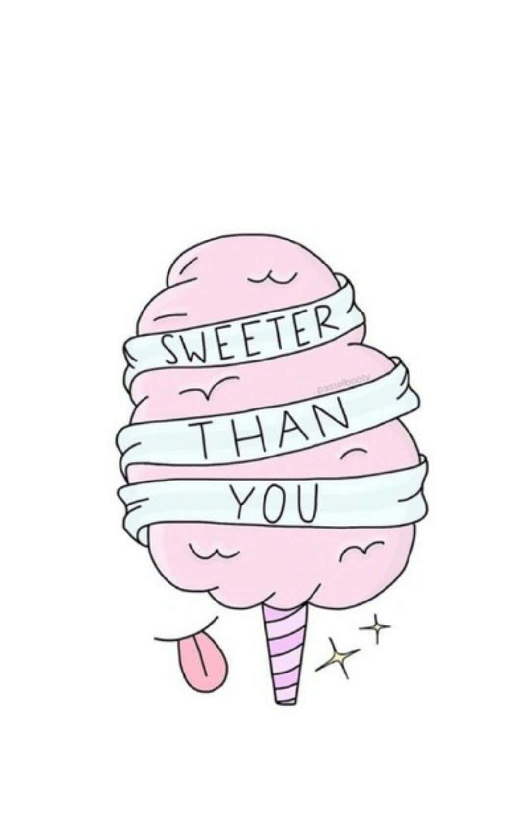 粉紅色棉花糖伸出舌頭，絲帶寫著「Sweeter Than You」