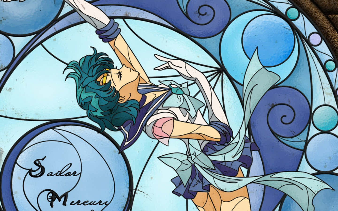 Sailor Mercury 動漫角色在彩色玻璃藝術中，帶有藍色漩渦和她的名字。