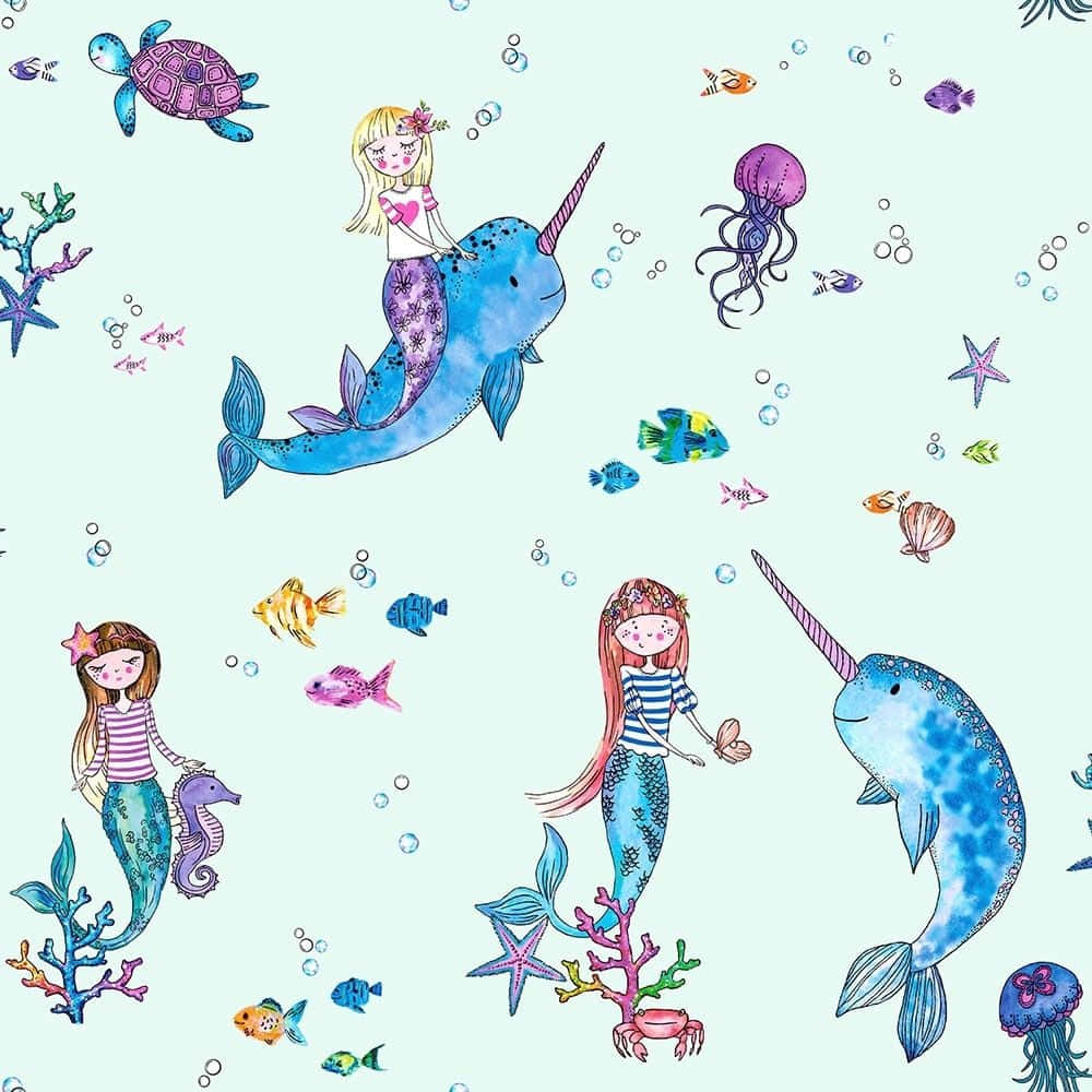 美人魚和獨角鯨與魚類、珊瑚和水母在有趣的水底場景中暢游。