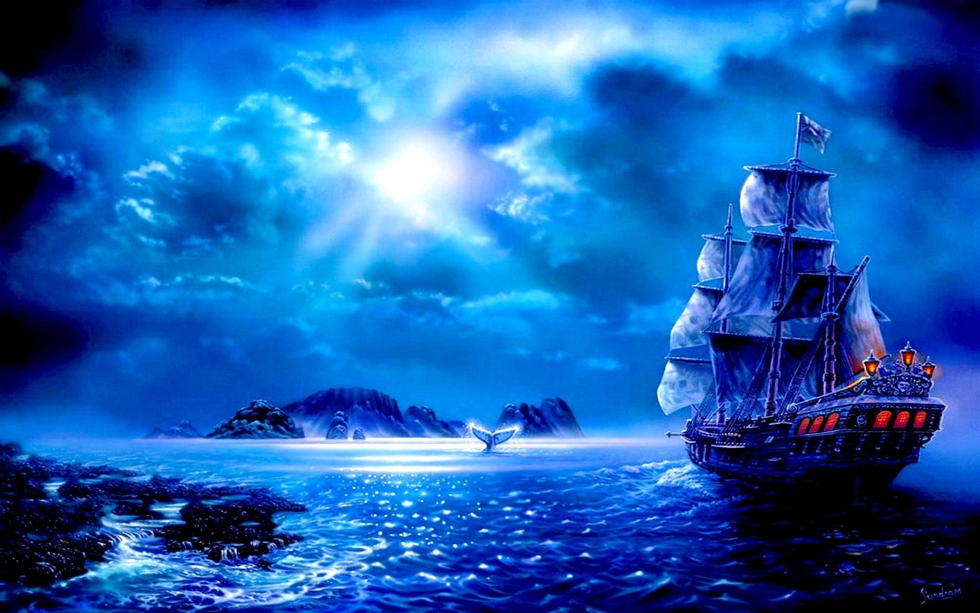 迷人海盜船 壁紙 — 一艘雄偉的海盜船在燦爛的月光下航行，穿越洶湧的藍色水域，遠處有岩石島嶼和一頭鯨魚躍出水面。
