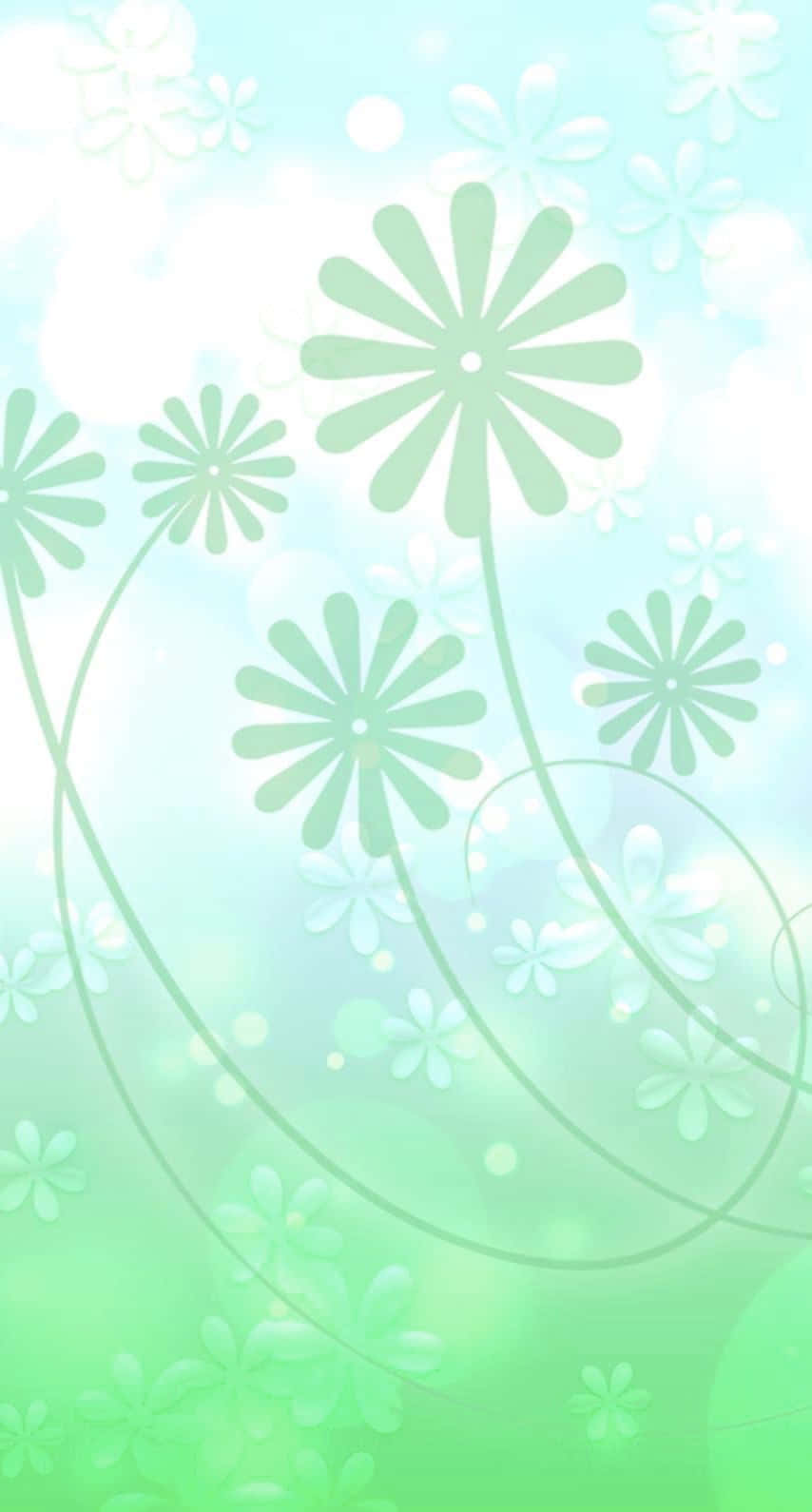 迷人淡綠美學 壁紙 — 柔和的綠色雛菊在漸變天空和散景光效中綻放。