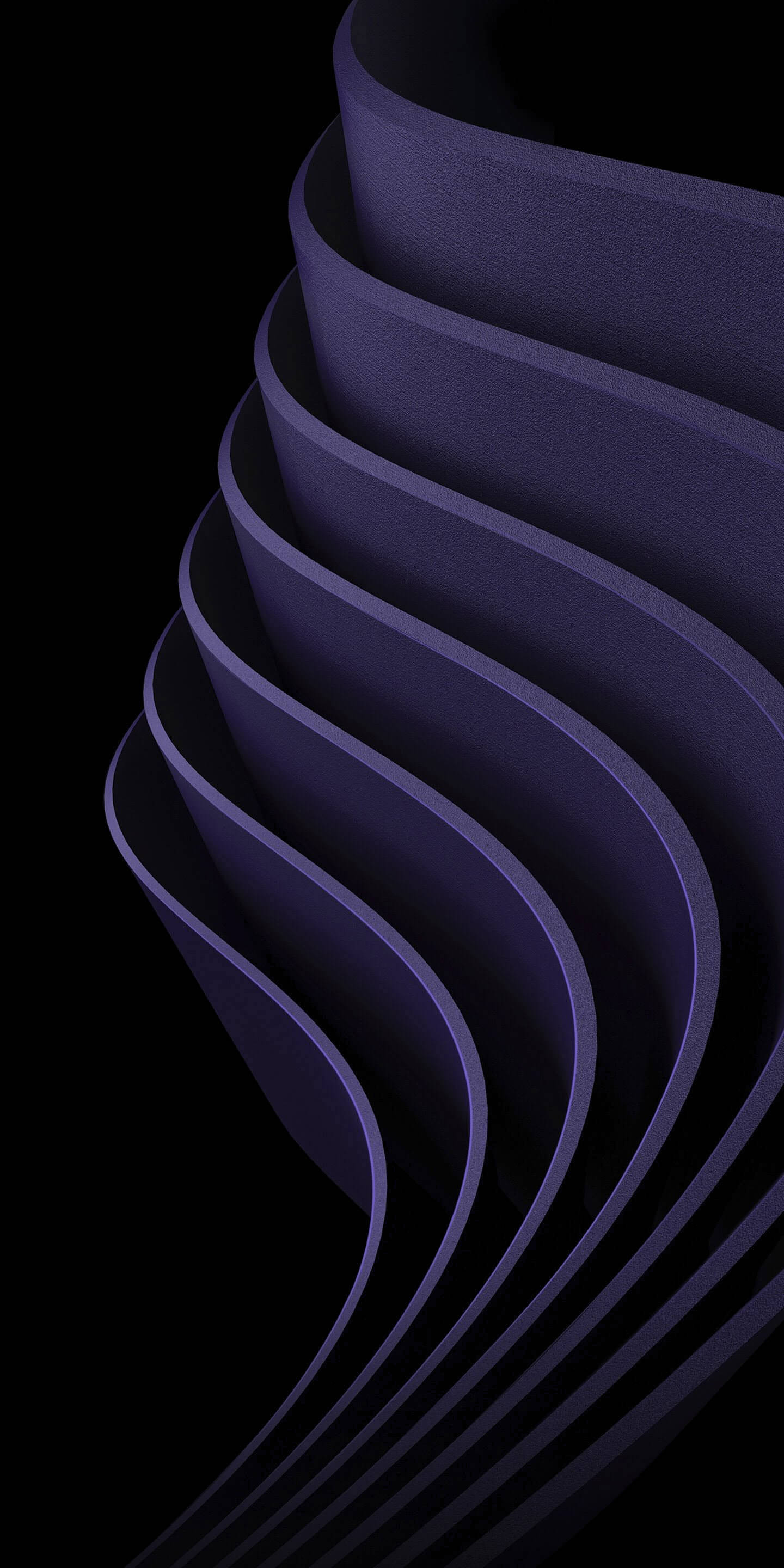 迷人深紫色 iPhone XS Max OLED 顯示屏 壁紙 — 時尚的紫色彎曲層次沿對角線層疊在純黑色背景上，營造出現代抽象構圖。