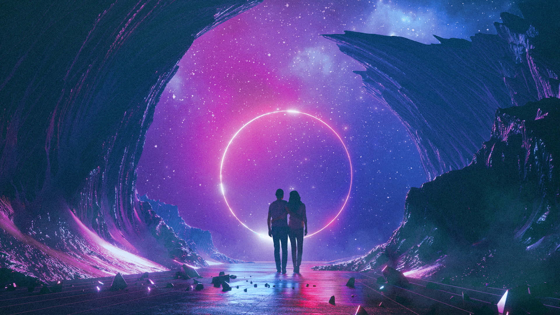 一對情侶在超現實的外星景觀中凝視著發光的宇宙環。
