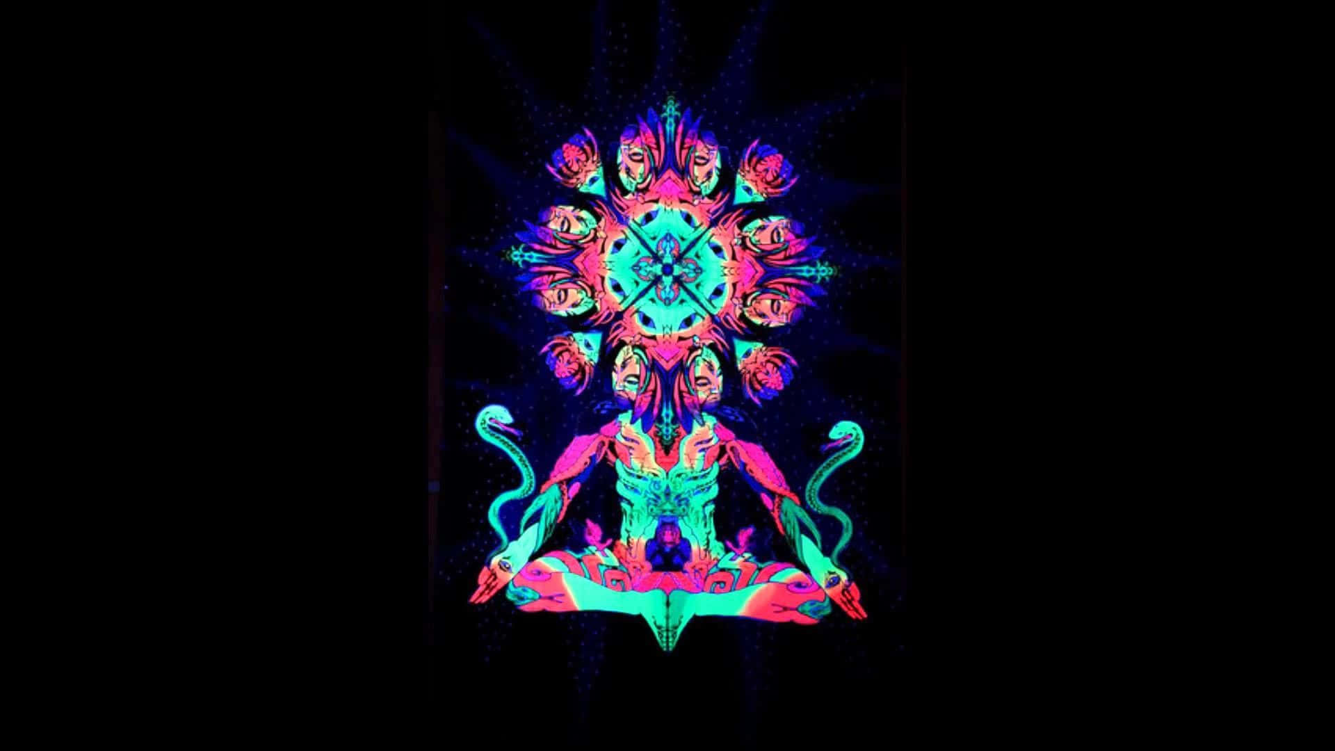 迷人深邃迷幻圖像 — 酒紅螺旋與多色圖案 壁紙 — 一個霓虹迷幻人物在黑暗的宇宙背景下冥想，帶有發光的臉孔和蛇。