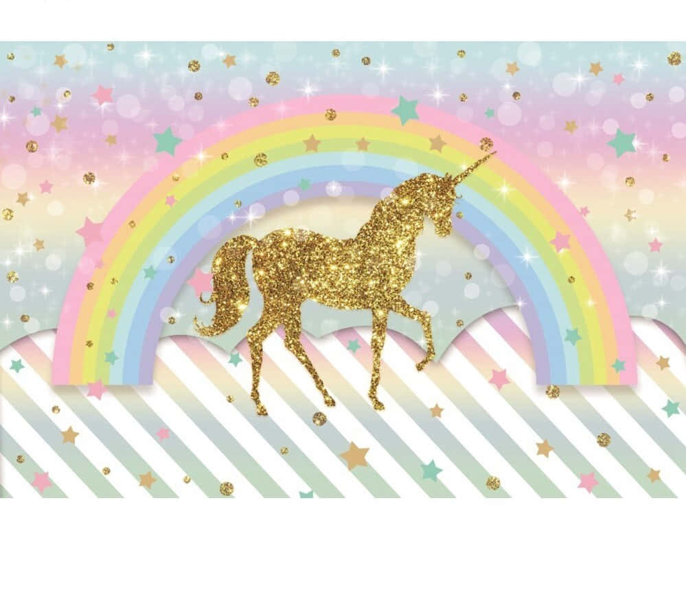 金色閃光獨角獸在彩虹下，伴隨星星和條紋。