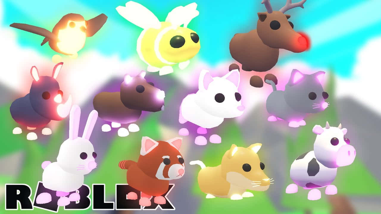 發光的卡通動物漂浮在色彩繽紛的天空中，帶有Roblox標誌。