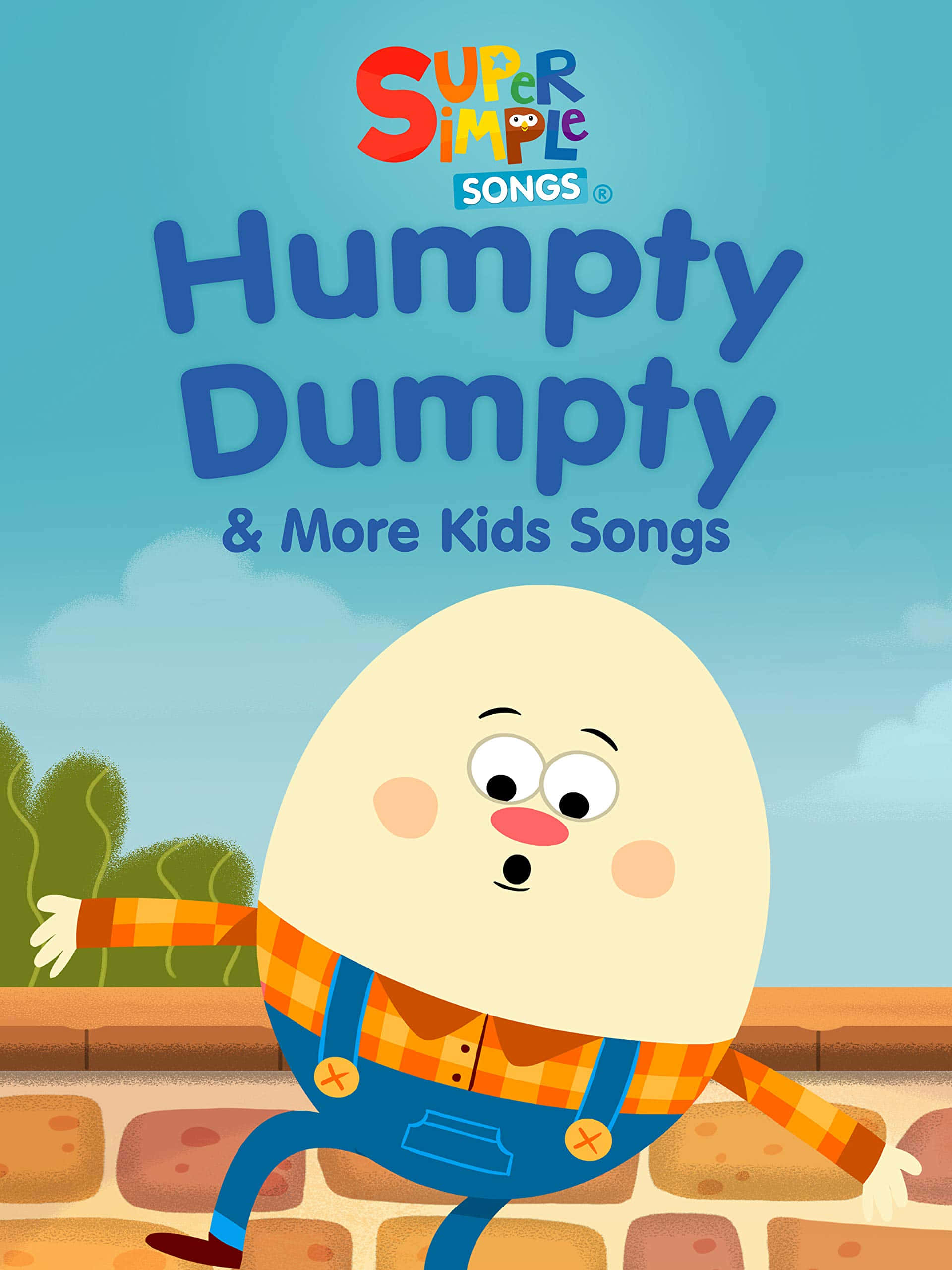 迷人的 Humpty Dumpty 坐在牆上插畫 壁紙 — 一個穿著工裝褲的快樂卡通雞蛋角色，站在磚牆上，背景是晴朗的藍天和蓬鬆的白雲。