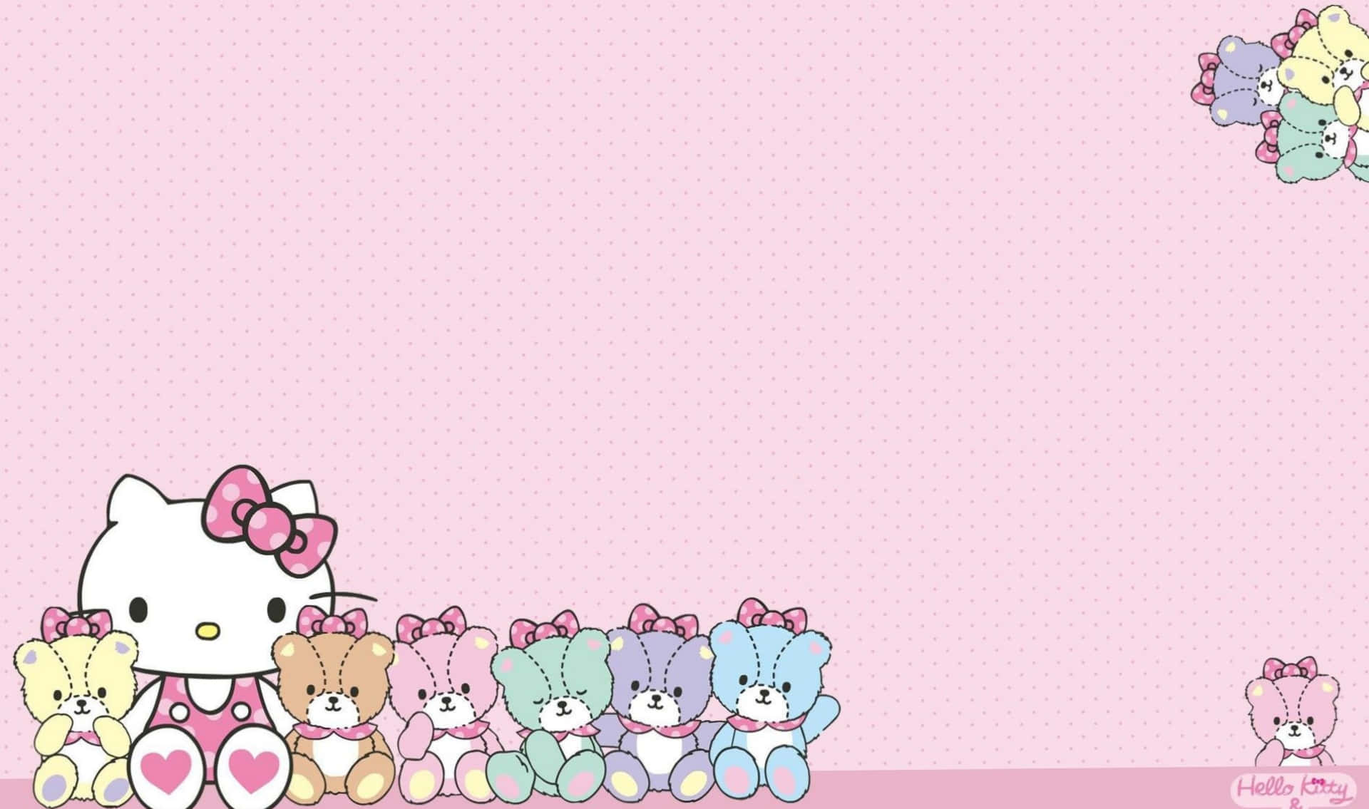 Hello Kitty 和她的熊朋友們在粉紅色圓點背景上。