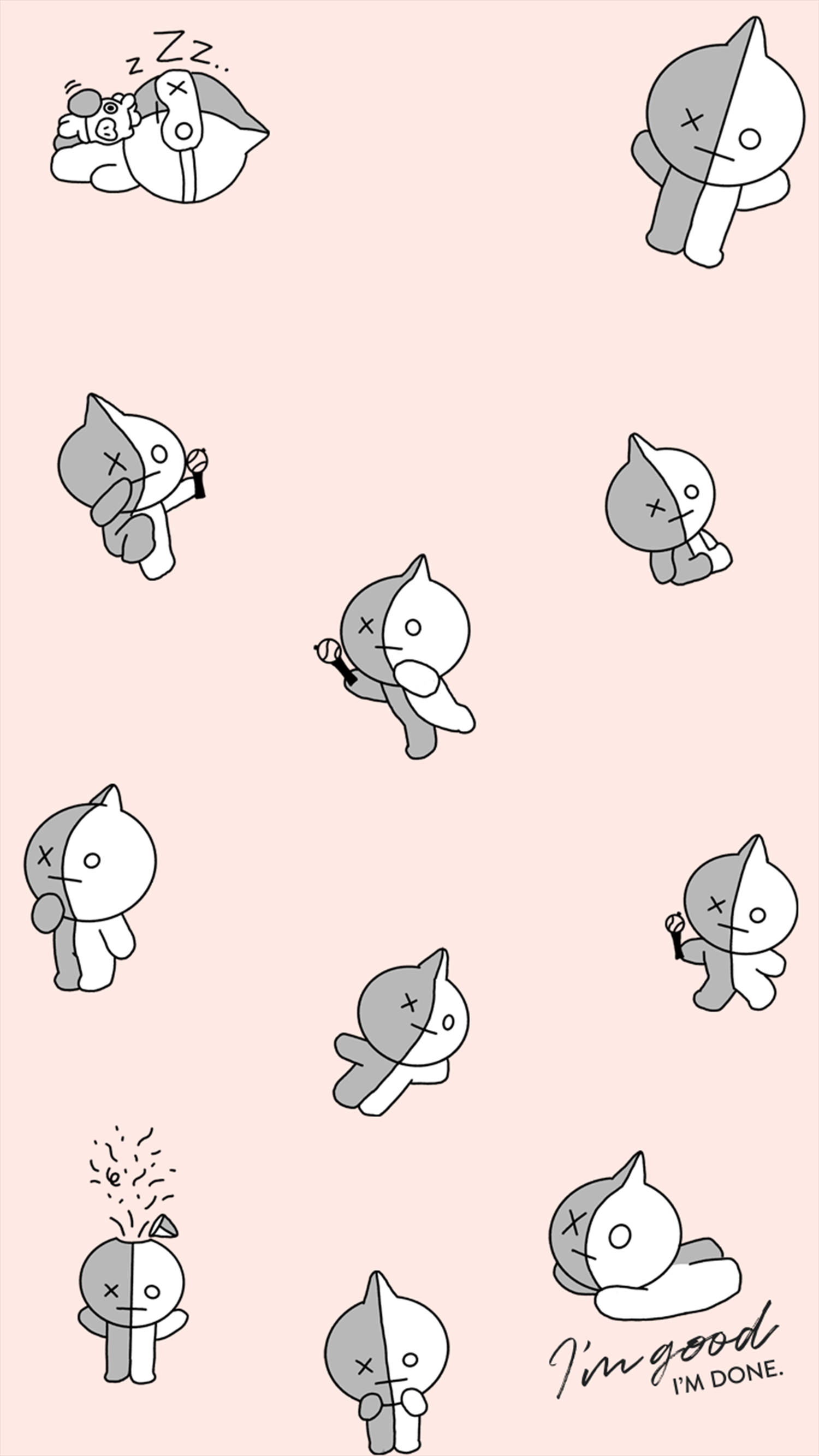 迷人的Van BT21 壁紙 — 粉紅色柔和牆紙，上面散落著可愛的灰色和白色卡通角色，呈現各種睏倦或疲憊的姿勢，並帶有文字 'I'm good I'm done.'
