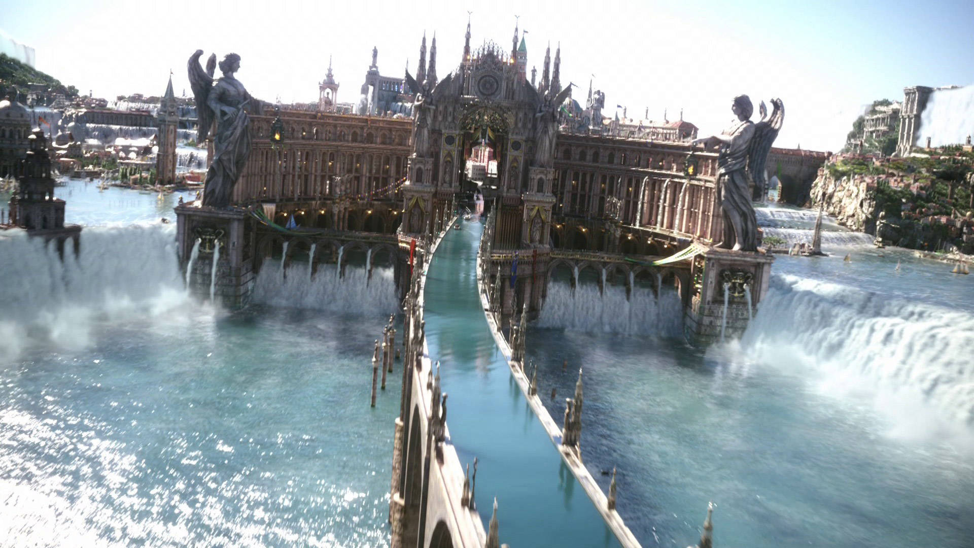 迷人的亞提斯城 Final Fantasy XV 壁紙 — 一座宏偉華麗的橋樑橫跨在湍急的碧綠河流上，兩旁是巨大的瀑布和高聳的哥德式雕像，在明亮的日光下。