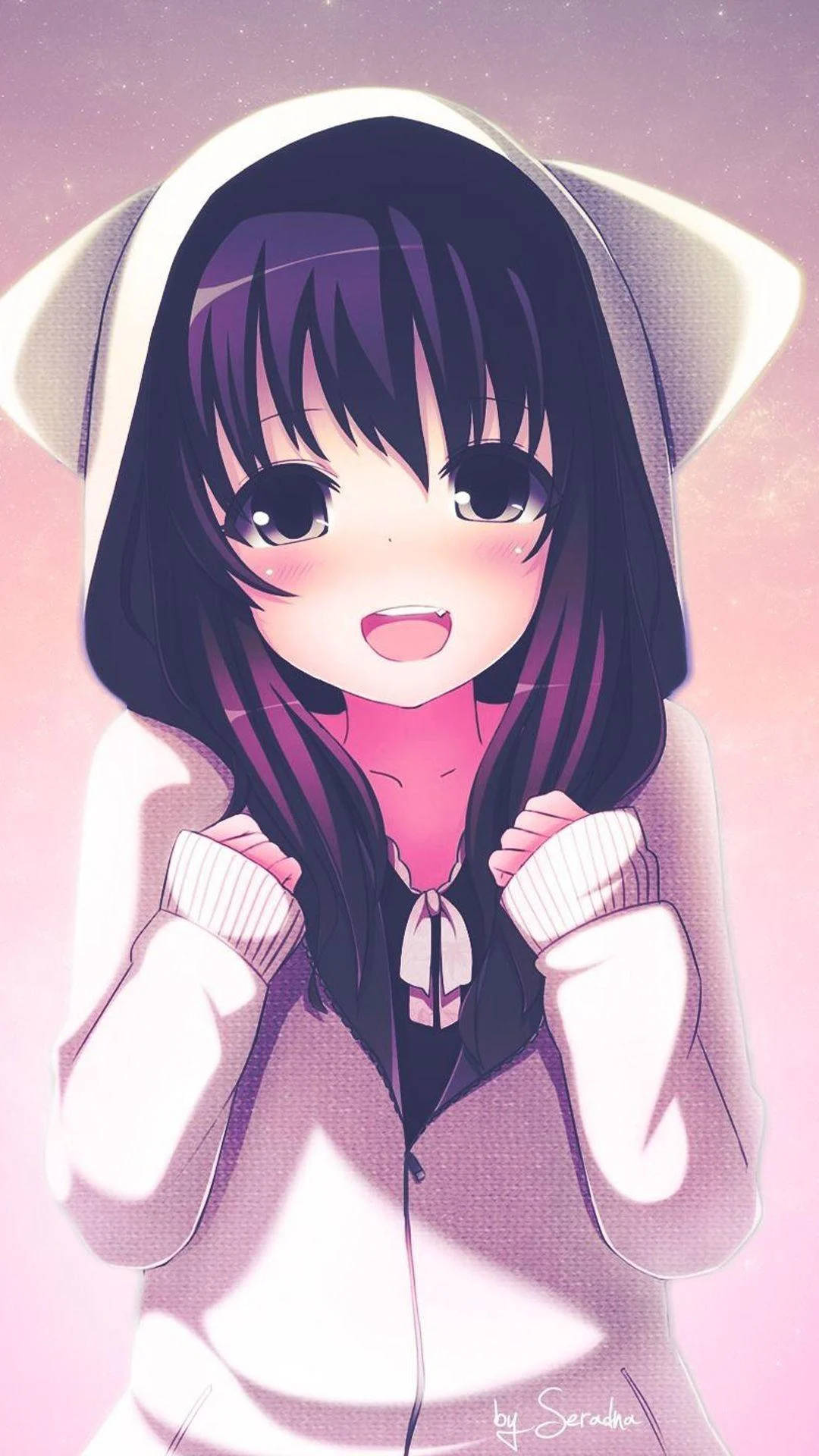 迷人的千代田學園Eru Chitanda 壁紙 — 一個開心的動漫女孩，深色頭髮，穿著白色連帽衫，在柔和的粉紅色星空背景下燦爛微笑。