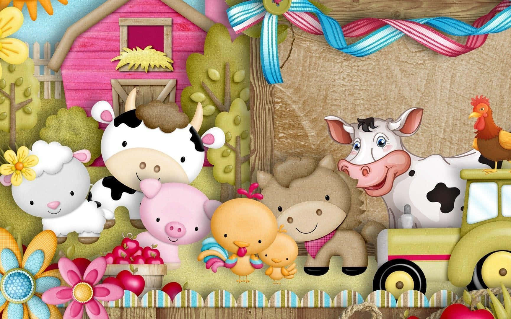 Farm Animal 桌布 壁紙 — 迷人的卡通農場動物聚集在一個粉紅色穀倉周圍，穀倉有色彩繽紛的花朵和拖拉機，上方掛著節日彩帶。