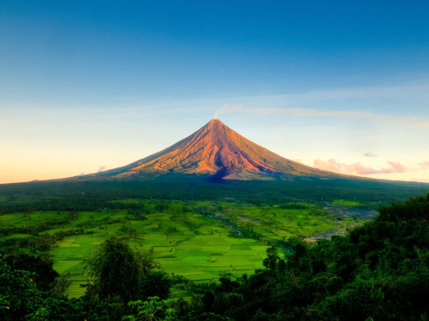 迷人的城市夜景，閃爍燈光交織 壁紙 — 一座雄偉的火山沐浴在金色的日出光芒中，在晴朗的藍天下，聳立在茂密的綠色稻田和茂密的森林之上。