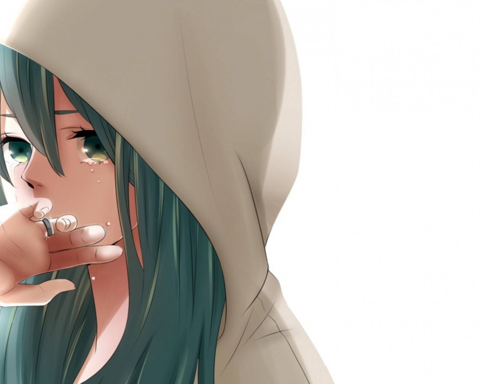 迷人的女孩悲傷畫作 壁紙 — 一個憂鬱的動漫女孩，擁有青綠色頭髮和綠色眼睛，在純白背景下抽煙，淚水從臉上滑落。