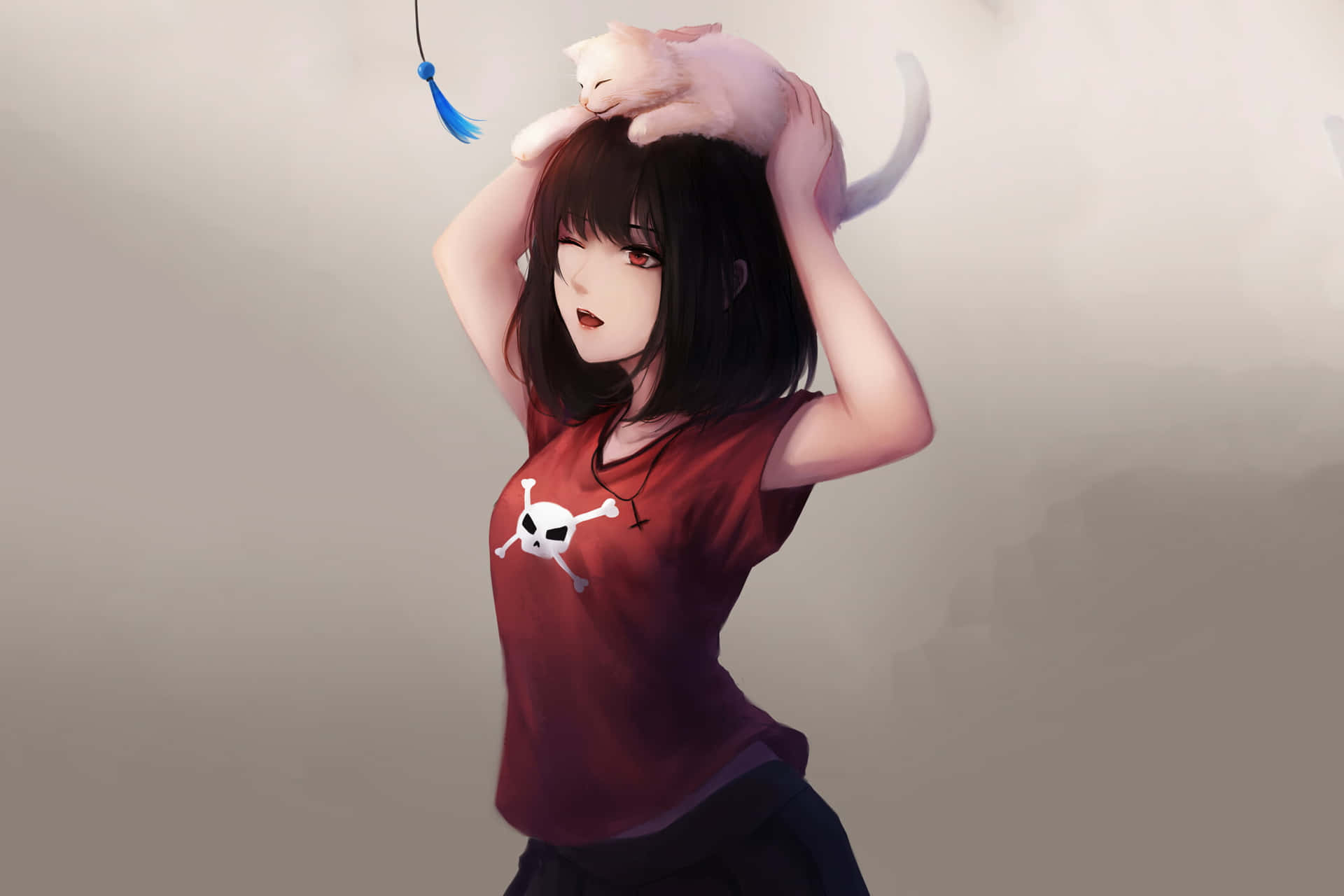 動漫女孩頭上抱著一隻睡著的白貓，身穿紅色骷髏圖案上衣。