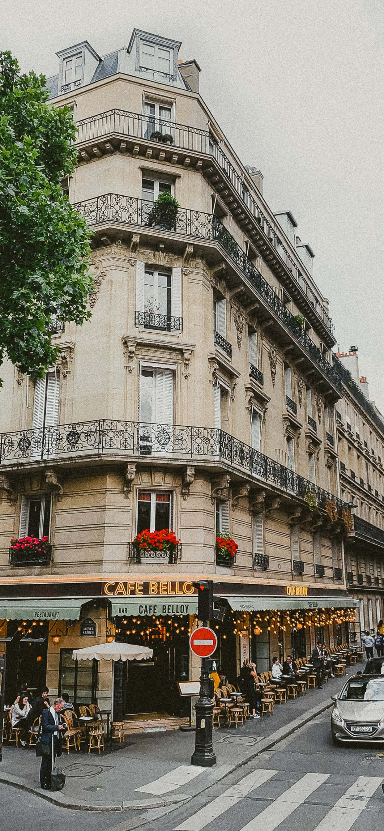 Cafe 桌布 壁紙 — 迷人的巴黎街角，經典咖啡館在燈串和花箱下坐滿顧客，熱鬧非凡。