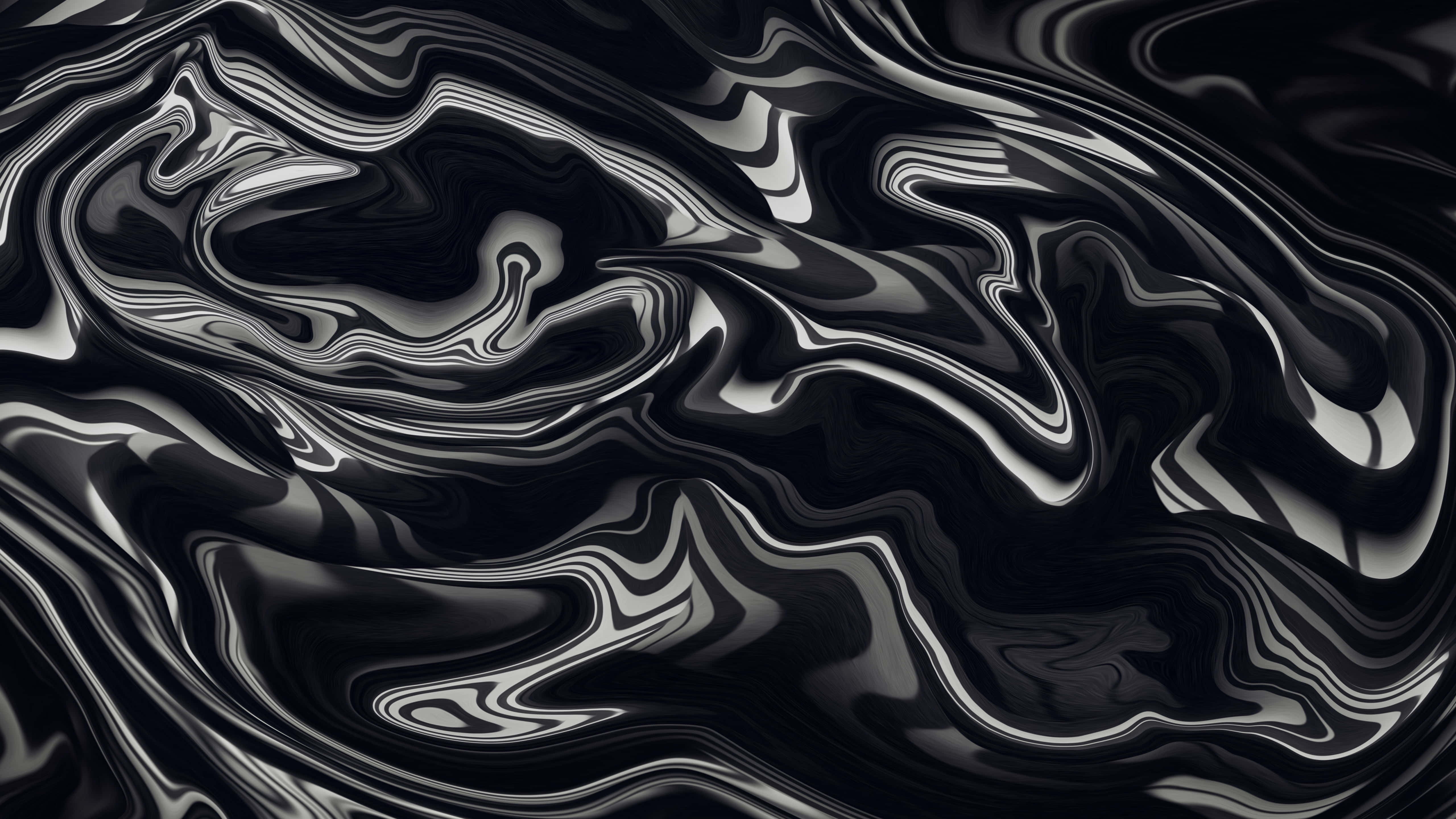 Liquid 桌布 壁紙 — 迷人的抽象圖案，由光澤黑白液體漩渦以有機波浪流動構成。