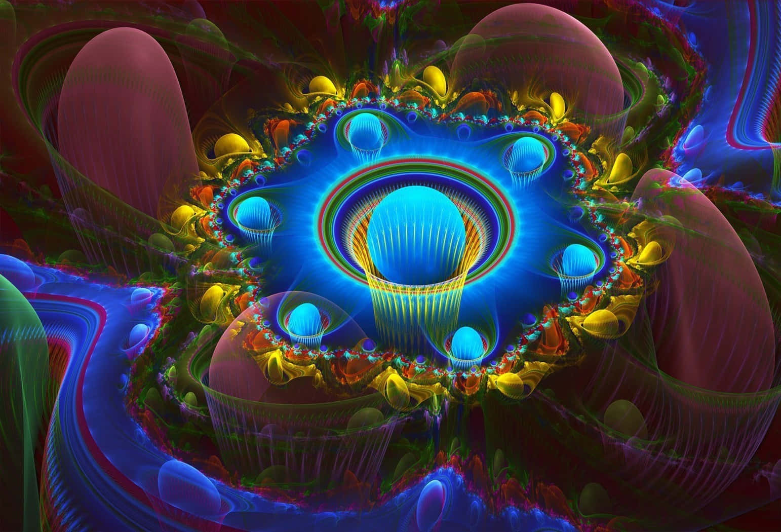 Trippy Neon Lights 桌布 壁紙 — 迷人的數碼分形藝術作品散發著發光的藍色球體，周圍環繞著旋轉的洋紅色和金色有機形態。