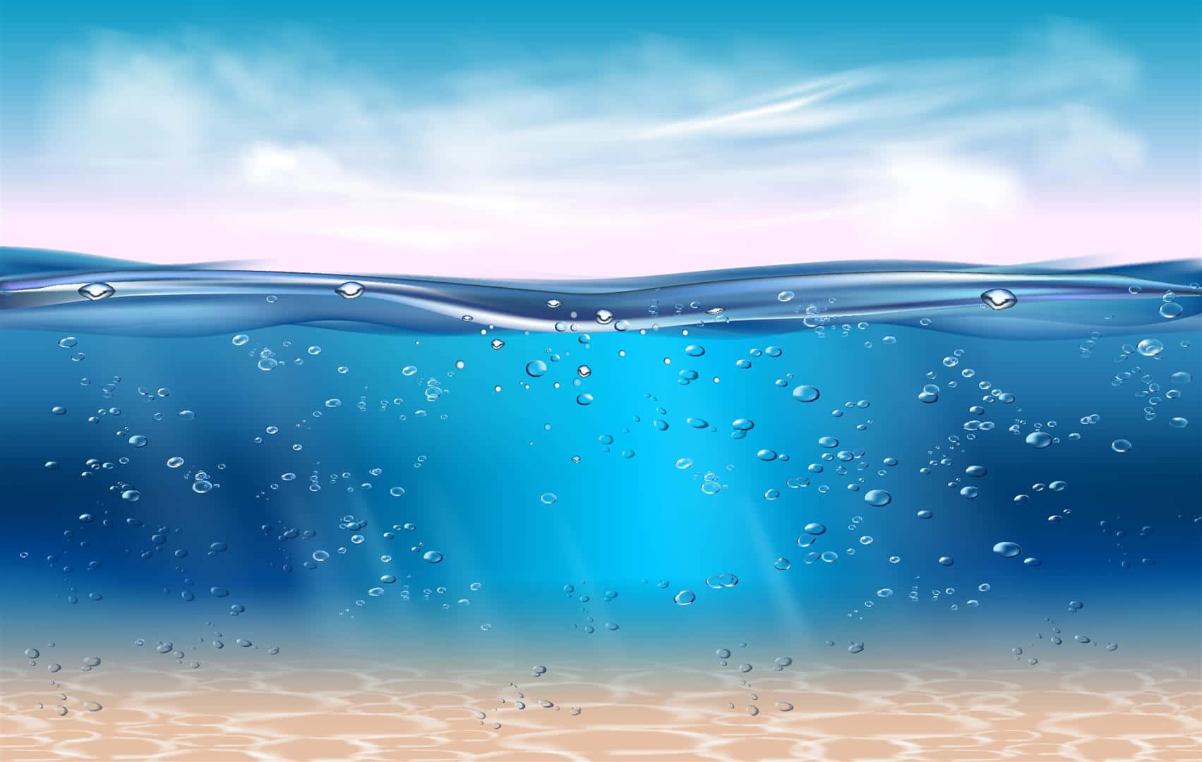 陽光穿過海面照射到沙質海床，並有浮動氣泡。