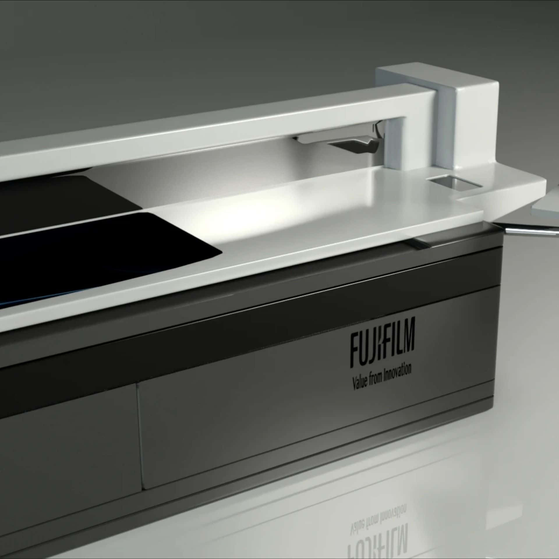 迷人的海面日出 壁紙 — 一部時尚現代的Fujifilm打印機，採用極簡黑白設計，展示「Value from Innovation」品牌標語。