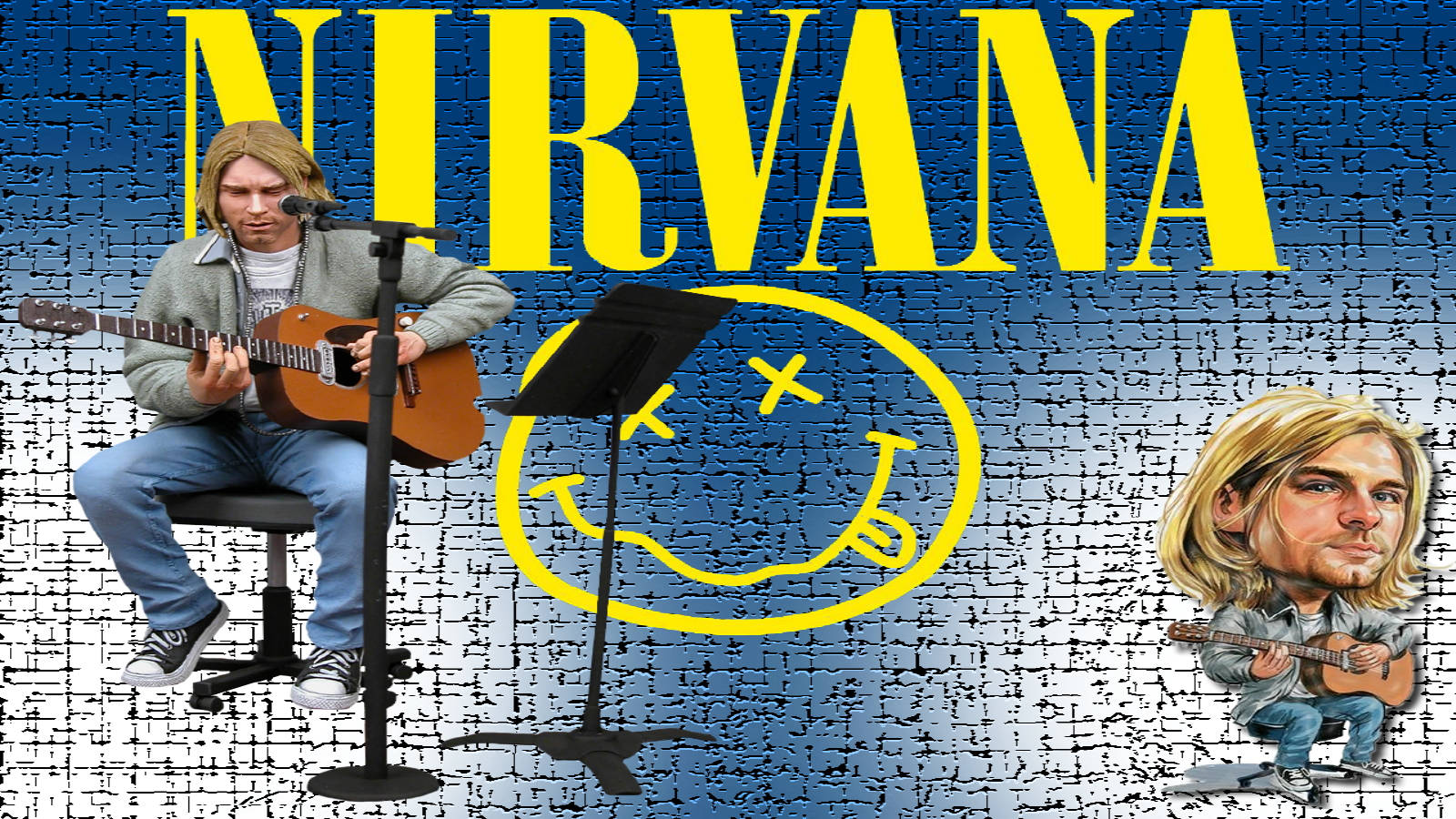 迷人的涅槃樂隊4K音樂壁紙 壁紙 — Kurt Cobain 在藍色磚牆前彈奏木結他，牆上有黃色Nirvana標誌和笑臉。