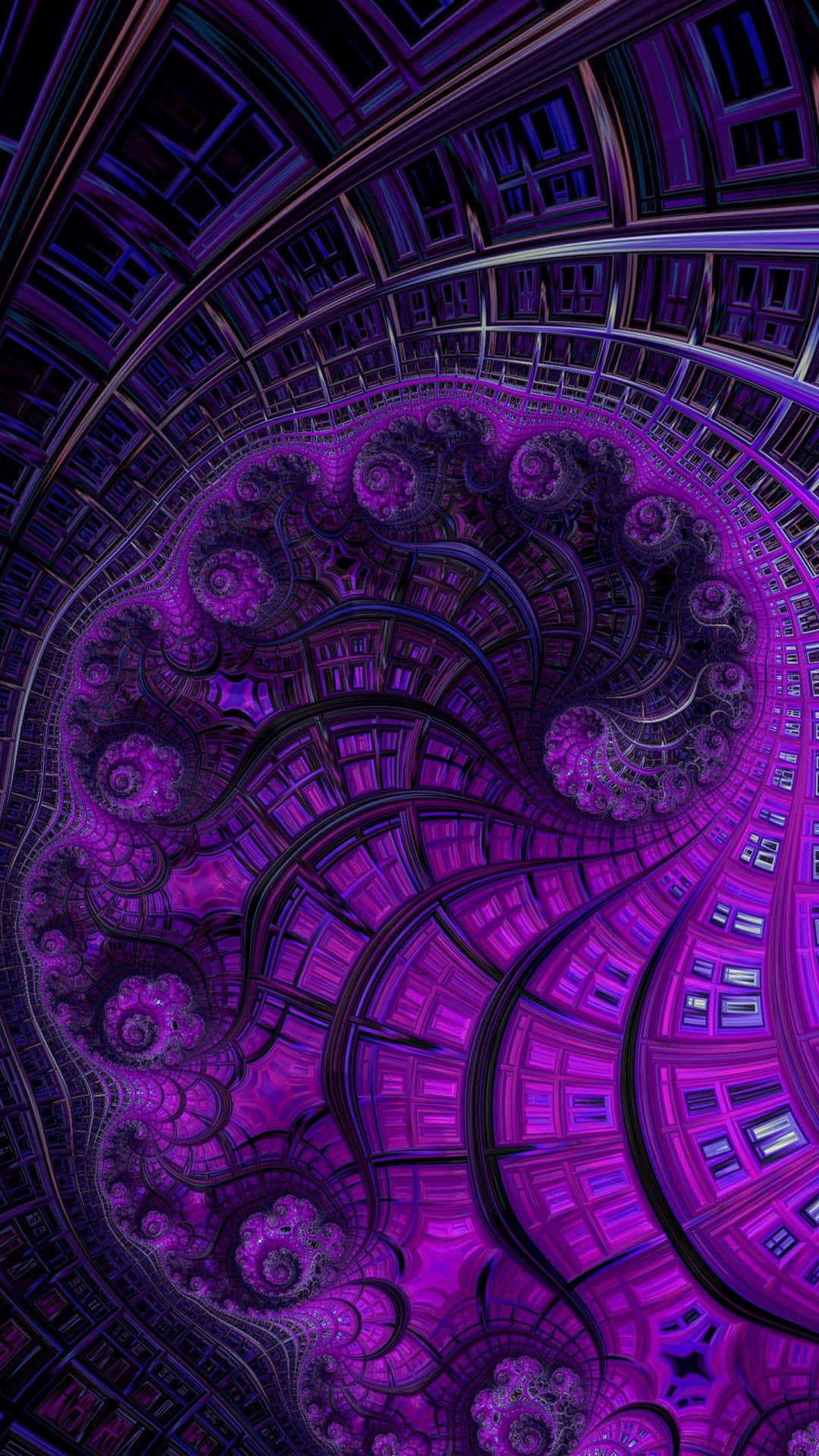 Psychedelic Fractals 桌布 壁紙 — 迷人的紫色分形螺旋，帶有複雜的幾何圖案和發光高光。