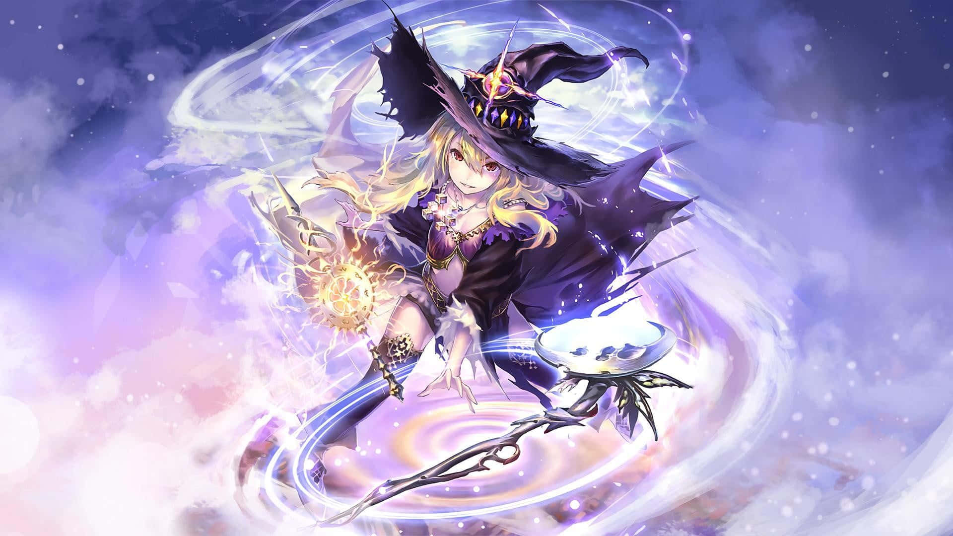 動漫女巫在宇宙漩渦中用發光魔杖施展魔法。