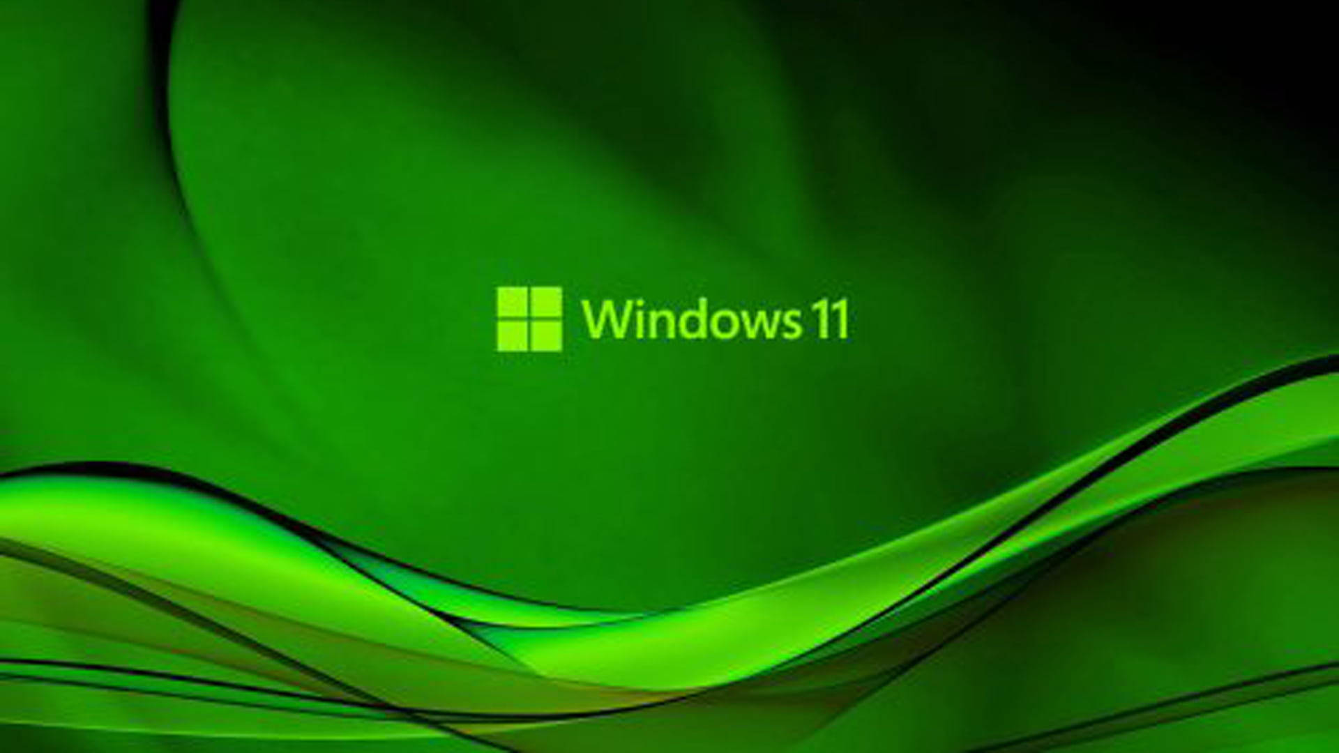 Windows 11 標誌在綠色抽象波浪背景上