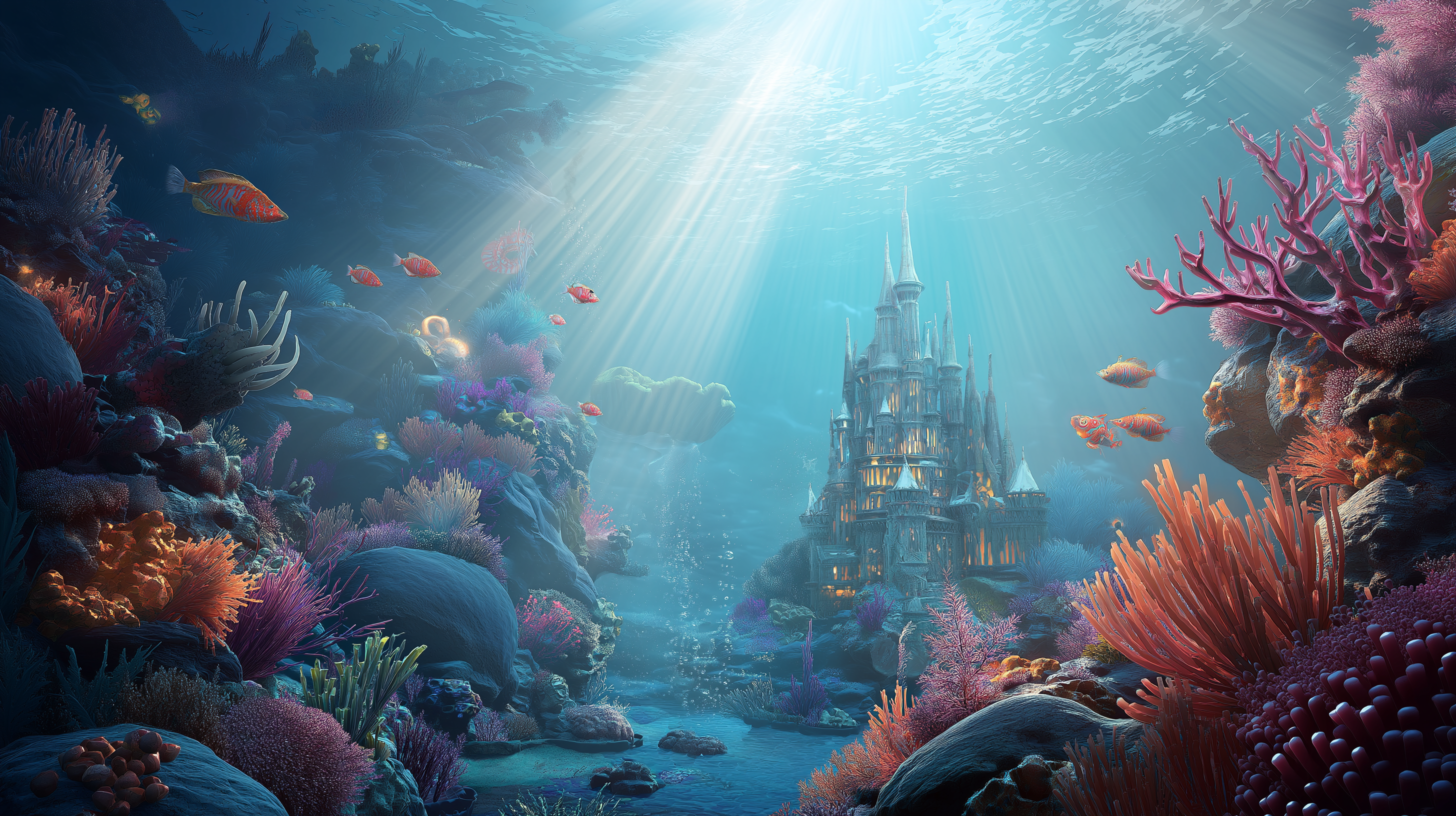 迷人的美人魚王國 壁紙 — 陽光穿過海水，照亮了一座雄偉的城堡，周圍環繞著充滿活力的珊瑚礁和色彩繽紛的魚類。
