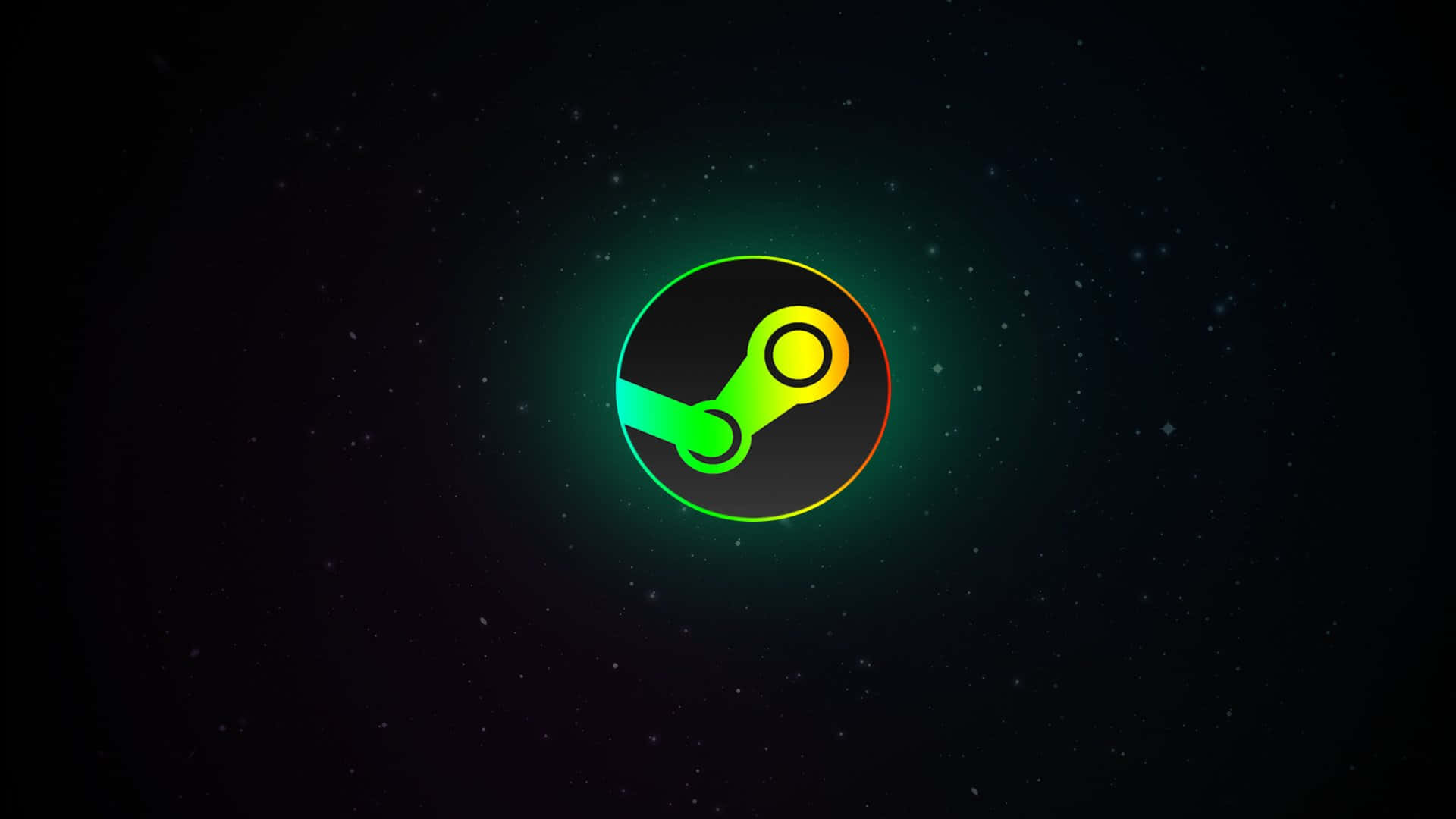 迷人的蒸汽龐克工業風景 壁紙 — Steam 標誌在佈滿星星的黑暗太空背景下發出綠色和黃色的光芒。