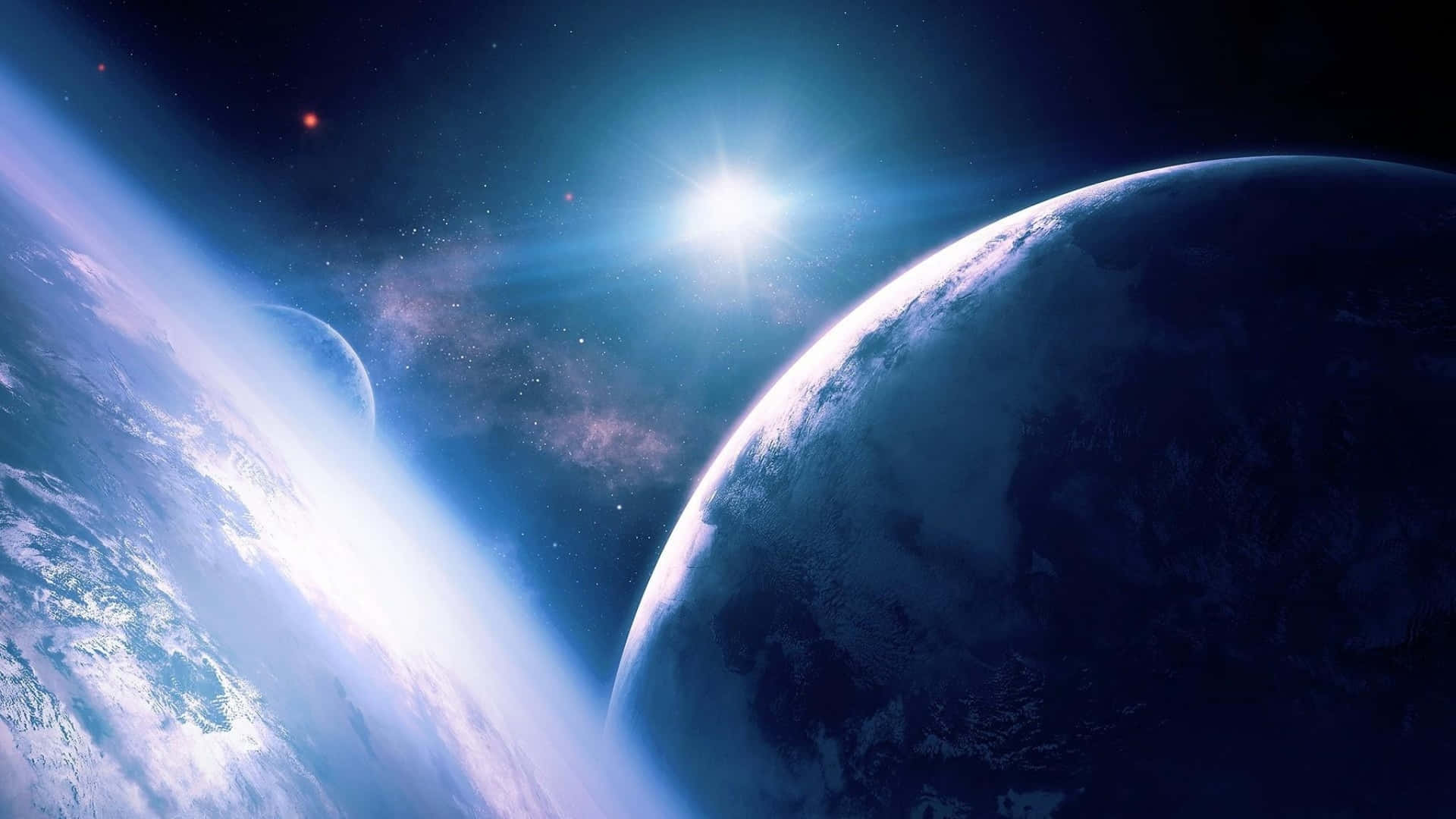兩顆具有發光大氣的行星在深空中圍繞一顆明亮恆星運行。