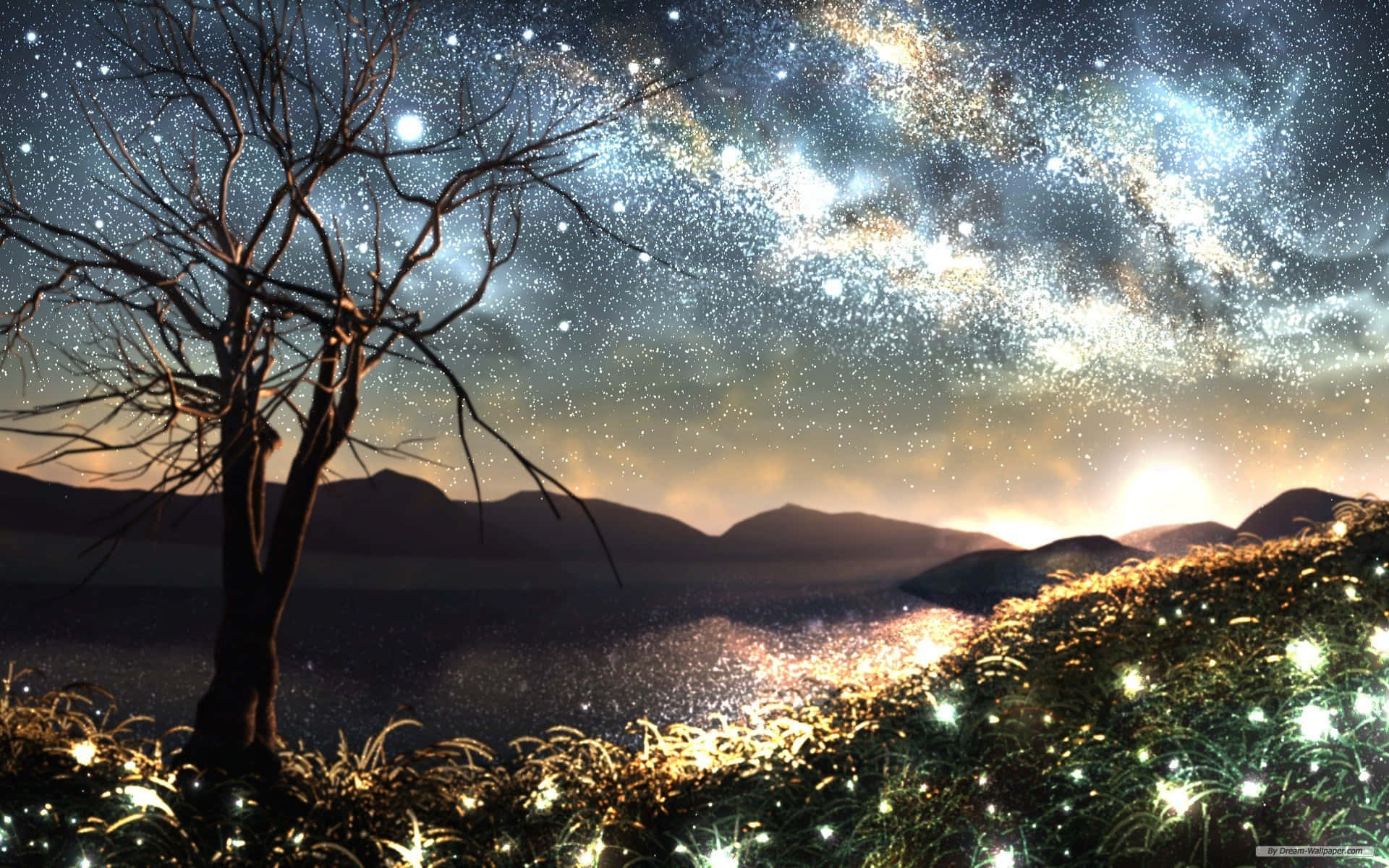 發光花田中的一棵禿樹，上方是繁星點點的天空和明亮的銀河。