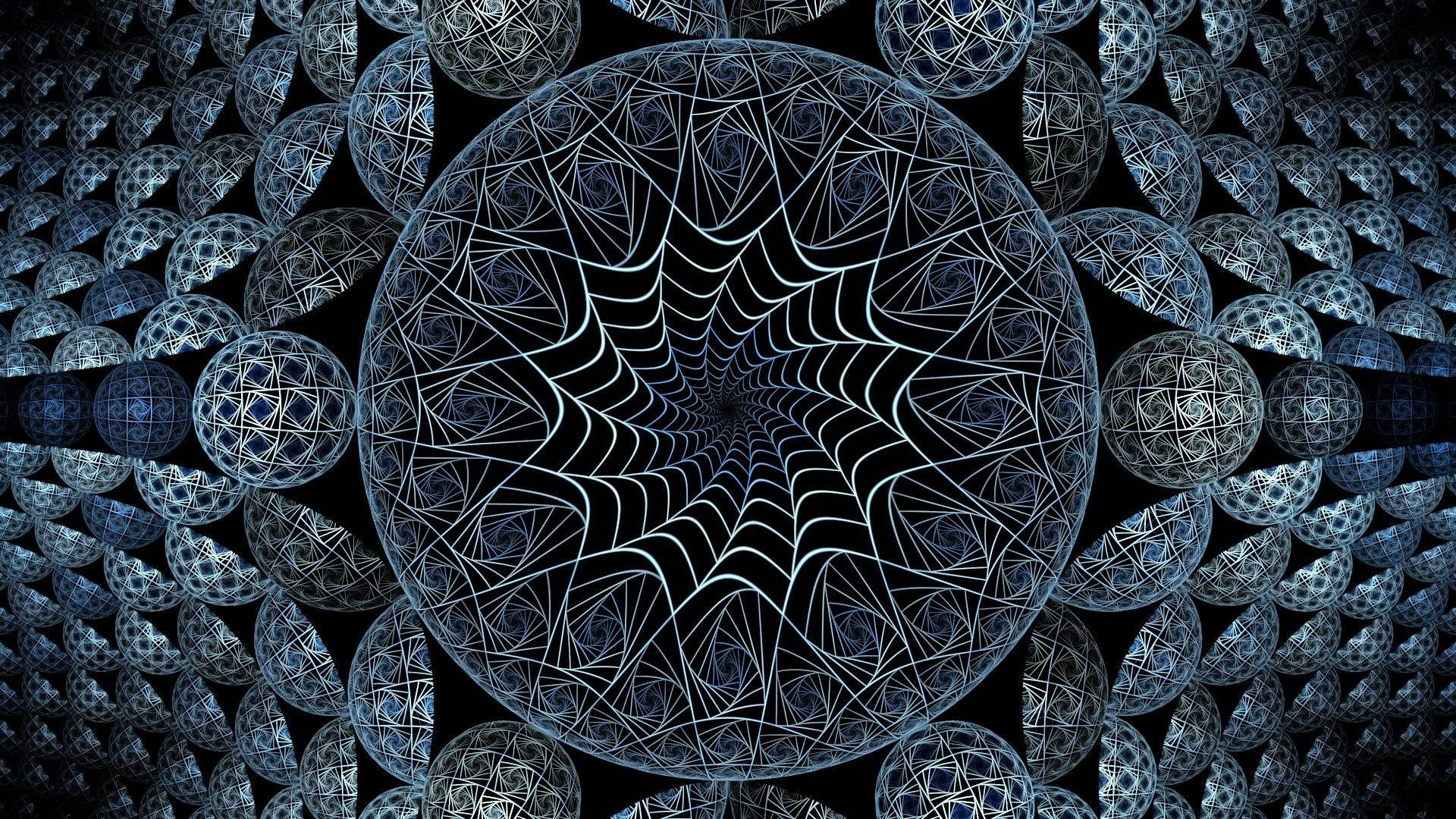 一個藍色分形隧道，帶有複雜的幾何圖案向內螺旋。
