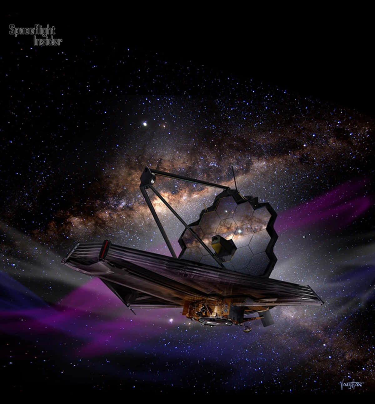 未來主義太空望遠鏡漂浮在充滿星星和紫色星雲的鮮豔宇宙空間中。
