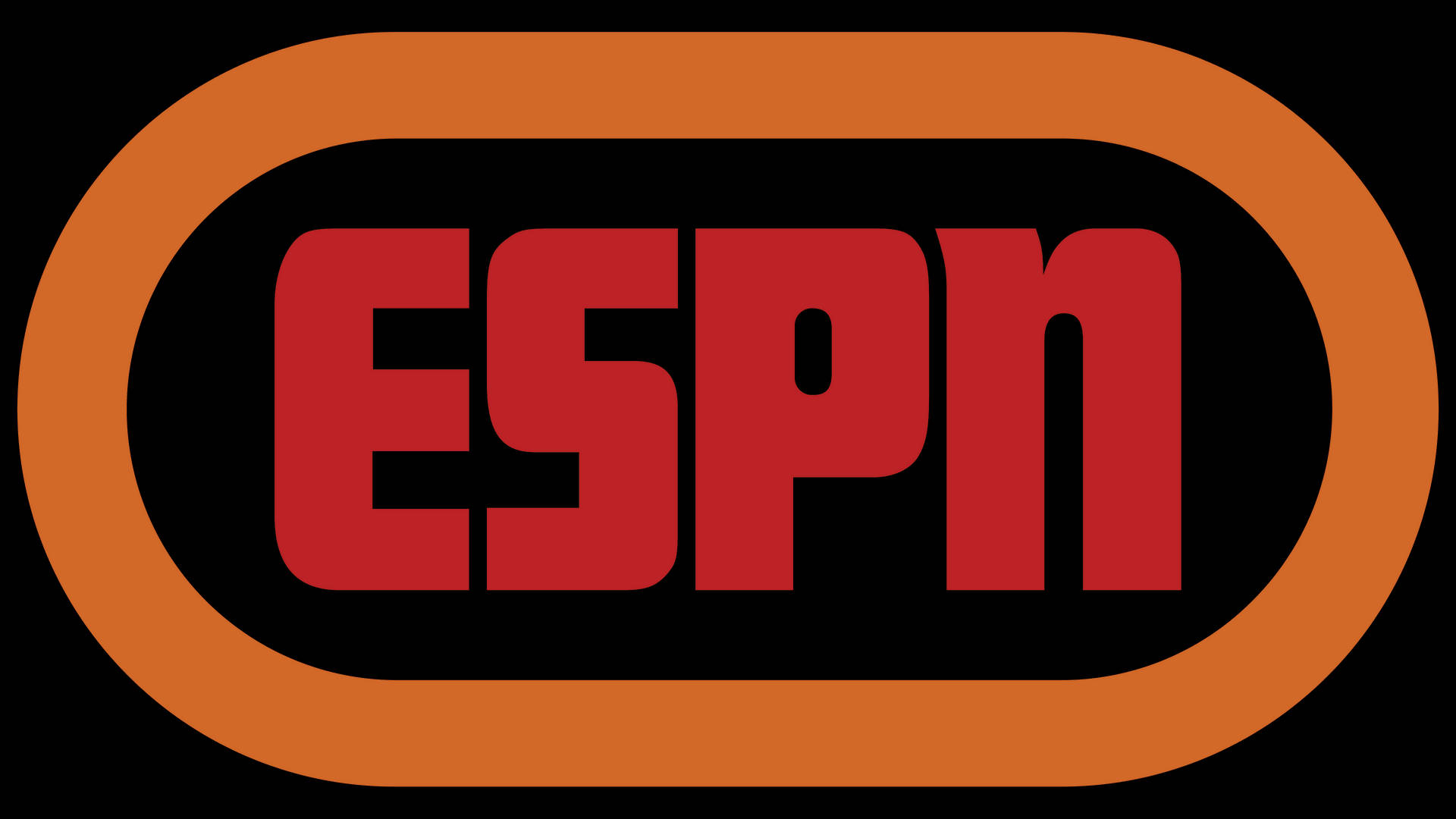 黑色背景上橙色橢圓形內帶紅色文字的ESPN標誌。